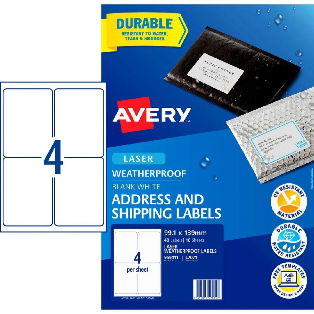 1 Avery 4UP Laser Weatherproof Shipping Labels White 10 Sheets, 1 of 3