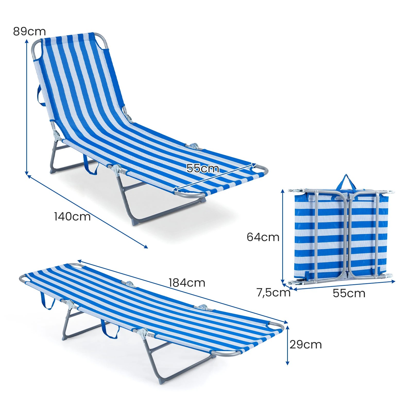 2 Costway Folding Sun Lounger Beach Reclining Chair w/Adjustable Backrest & Footrest - Blue, 2 of 5