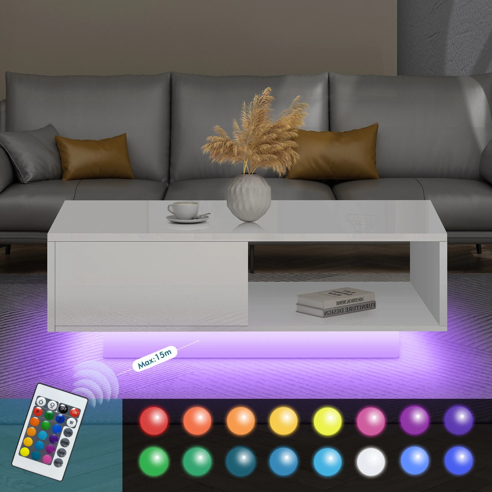 4 Alfordson Coffee Table 1 Drawer LED Gloss - White, 4 of 10