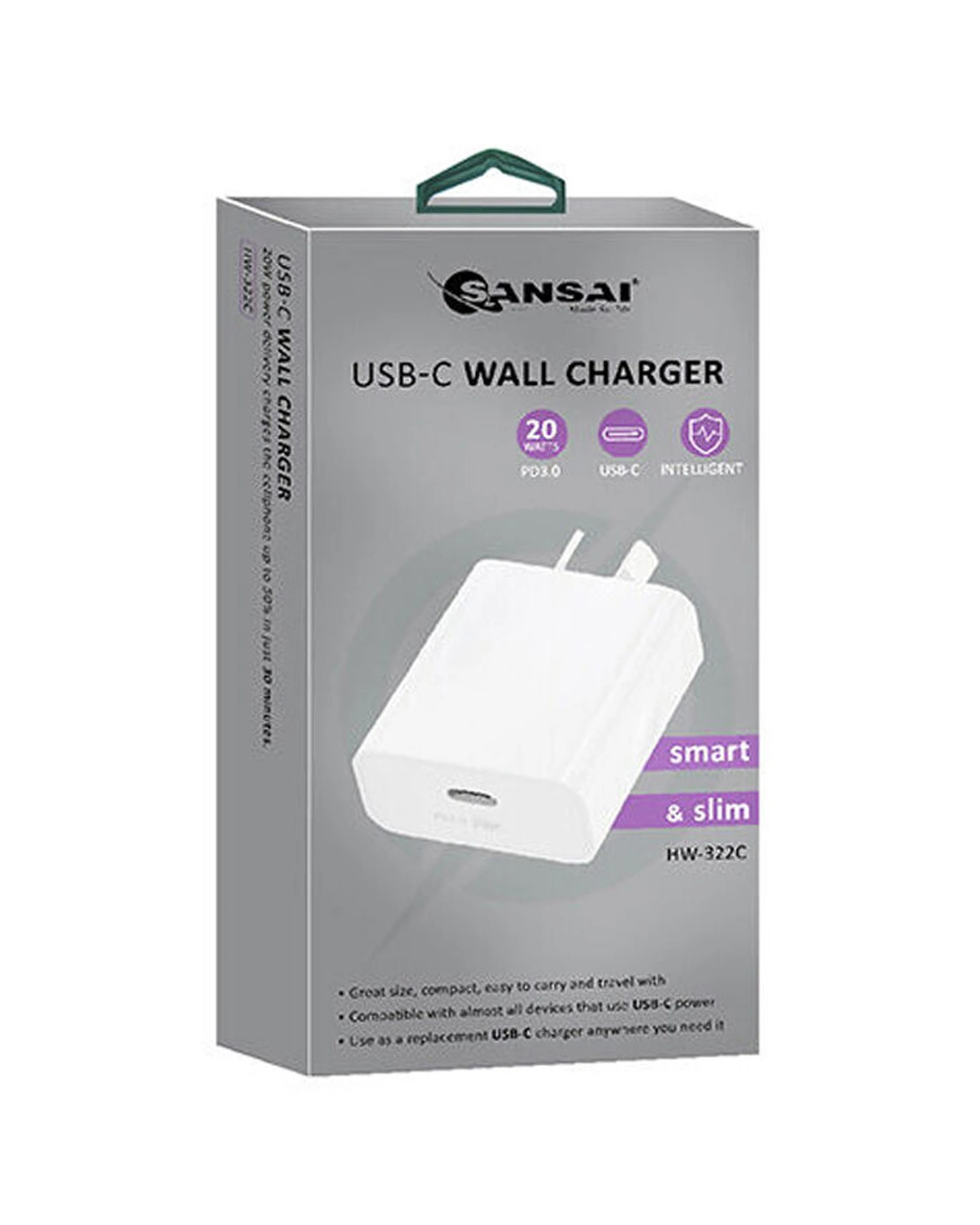 1 Sansai Low Profile USB-C Wall Charger PD20W Fast Charging Compact Design for Phone and Tablet - White, 1 of 3