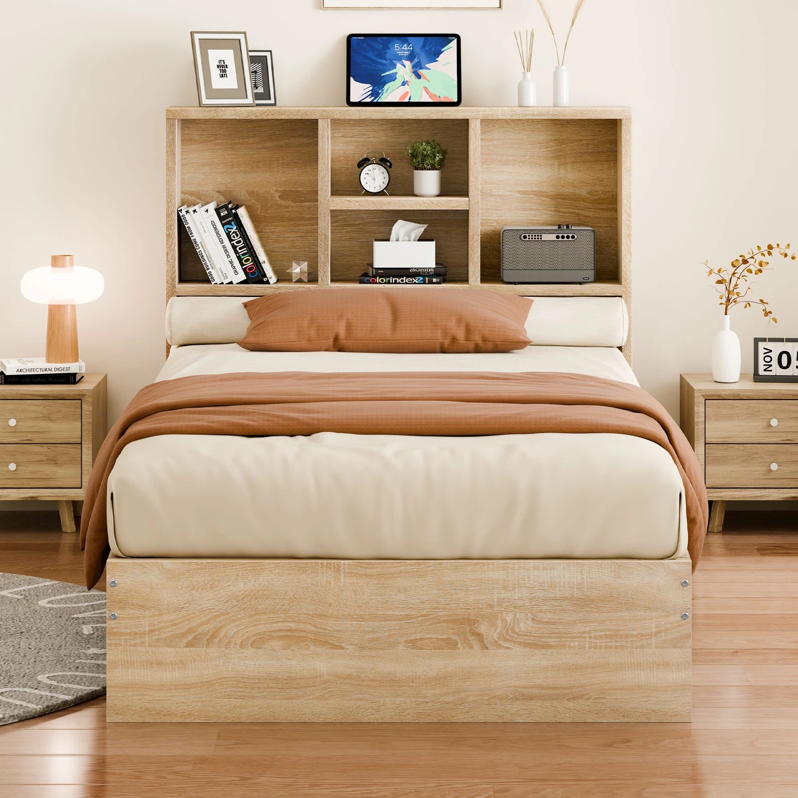 3 Alfordson Wooden Bed Frame Single Size Base with Bookshelf Storage Headboard - Oak, 3 of 10