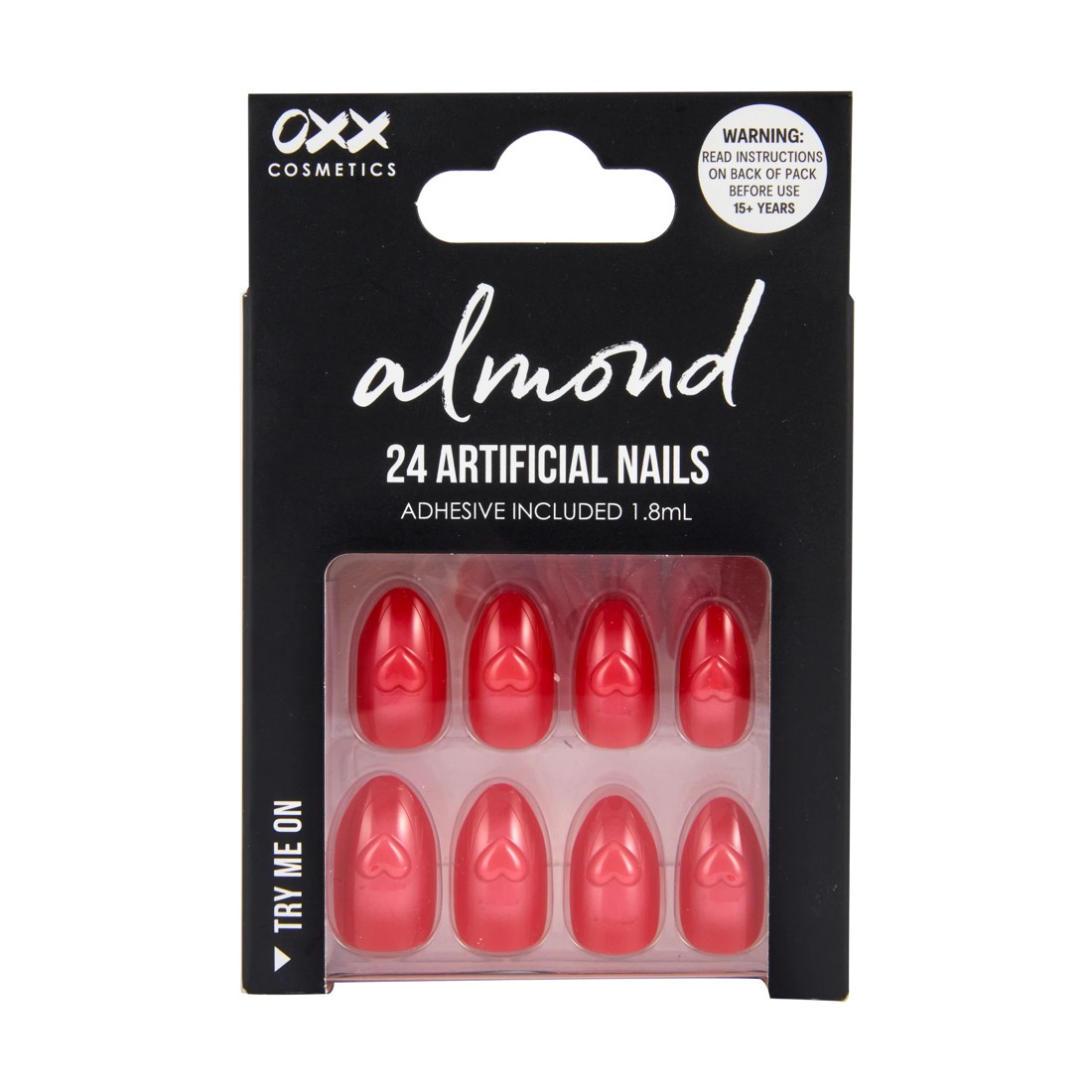 1 OXX Cosmetics 24 Pack Artificial Nails with Adhesive - Almond Shape, Red Hearts, 1 of 5