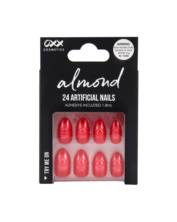 OXX Cosmetics 24 Pack Artificial Nails with Adhesive - Almond Shape, Red Hearts