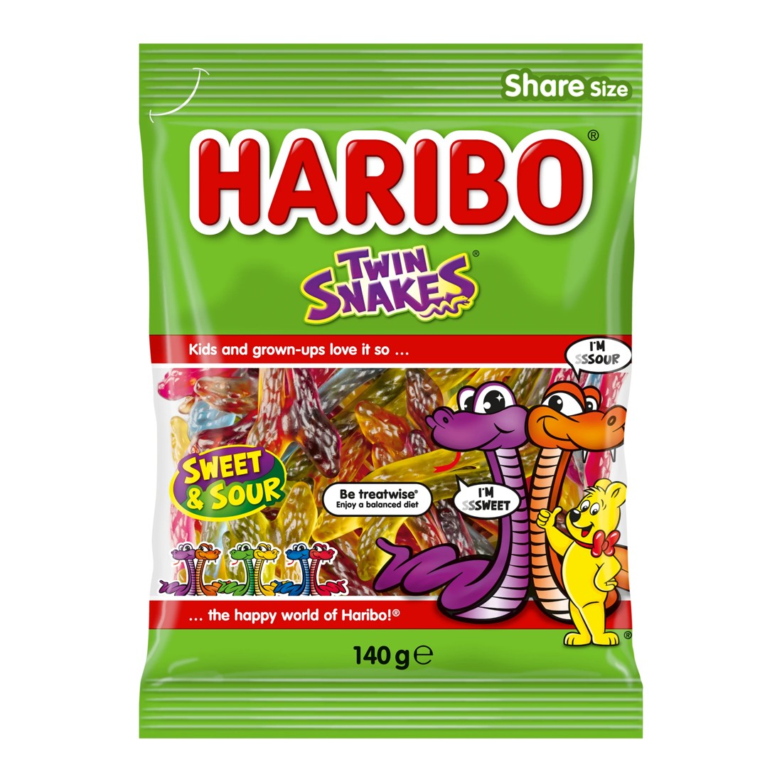1 Haribo Sweet and Sour Twin Snakes 140g, 1 of 2
