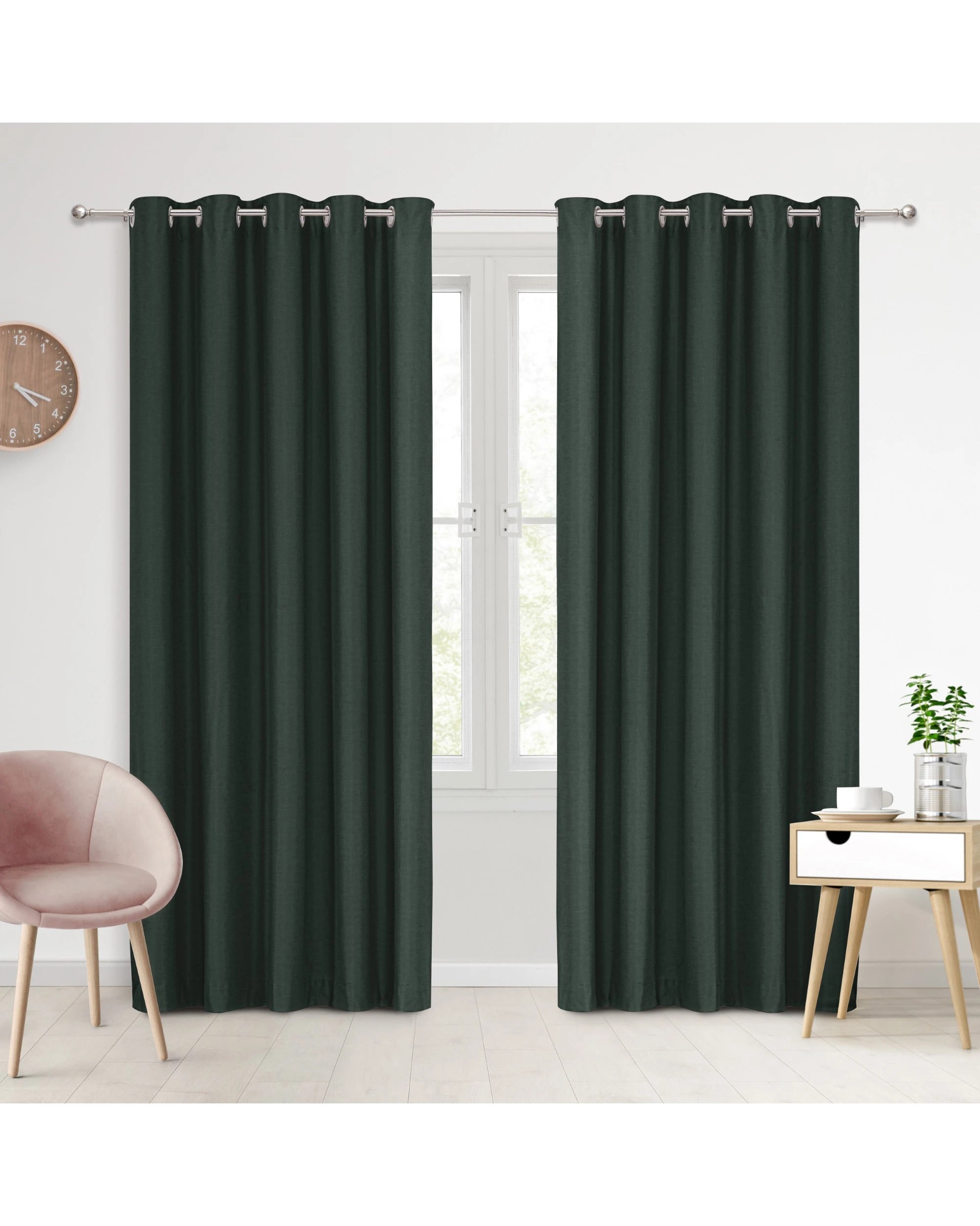 1 Sherwood Faux Linen 100% Blockout Eyelet Curtain Pair 90x223cm - Forest Green, 1 of 5