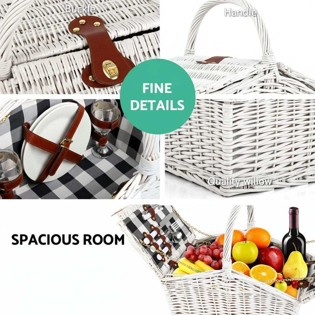 3 Alfresco 2 Person Picnic Basket Set Willow Vintage Baskets Insulated Blanket Bag - Multi, 3 of 7