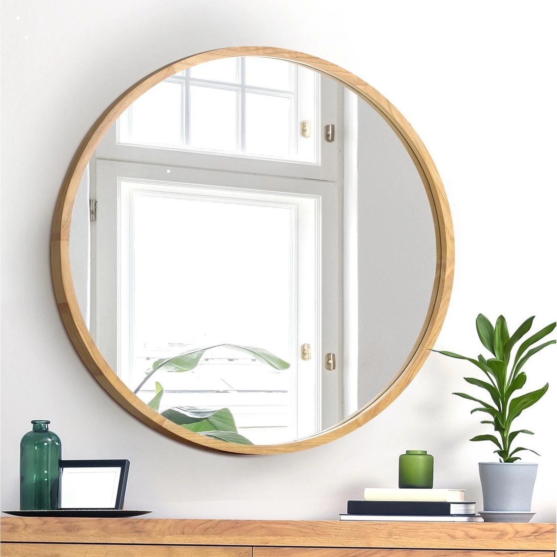 3 Oikiture Wall Mirrors Round 70cm Makeup Mirror Vanity Home Decor Wooden
 - Natural, 3 of 9