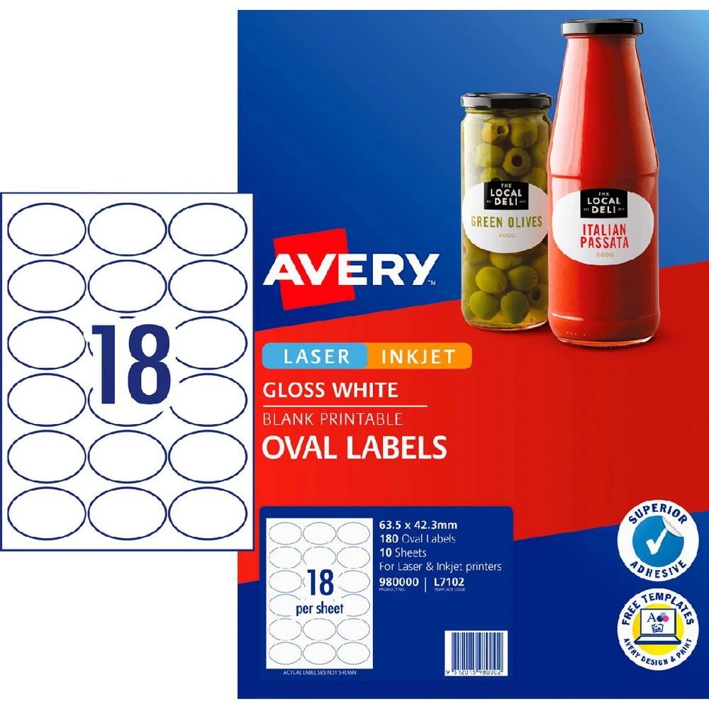 1 Avery 18UP Inkjet Laser Glossy Oval Labels White 10 Sheets, 1 of 5