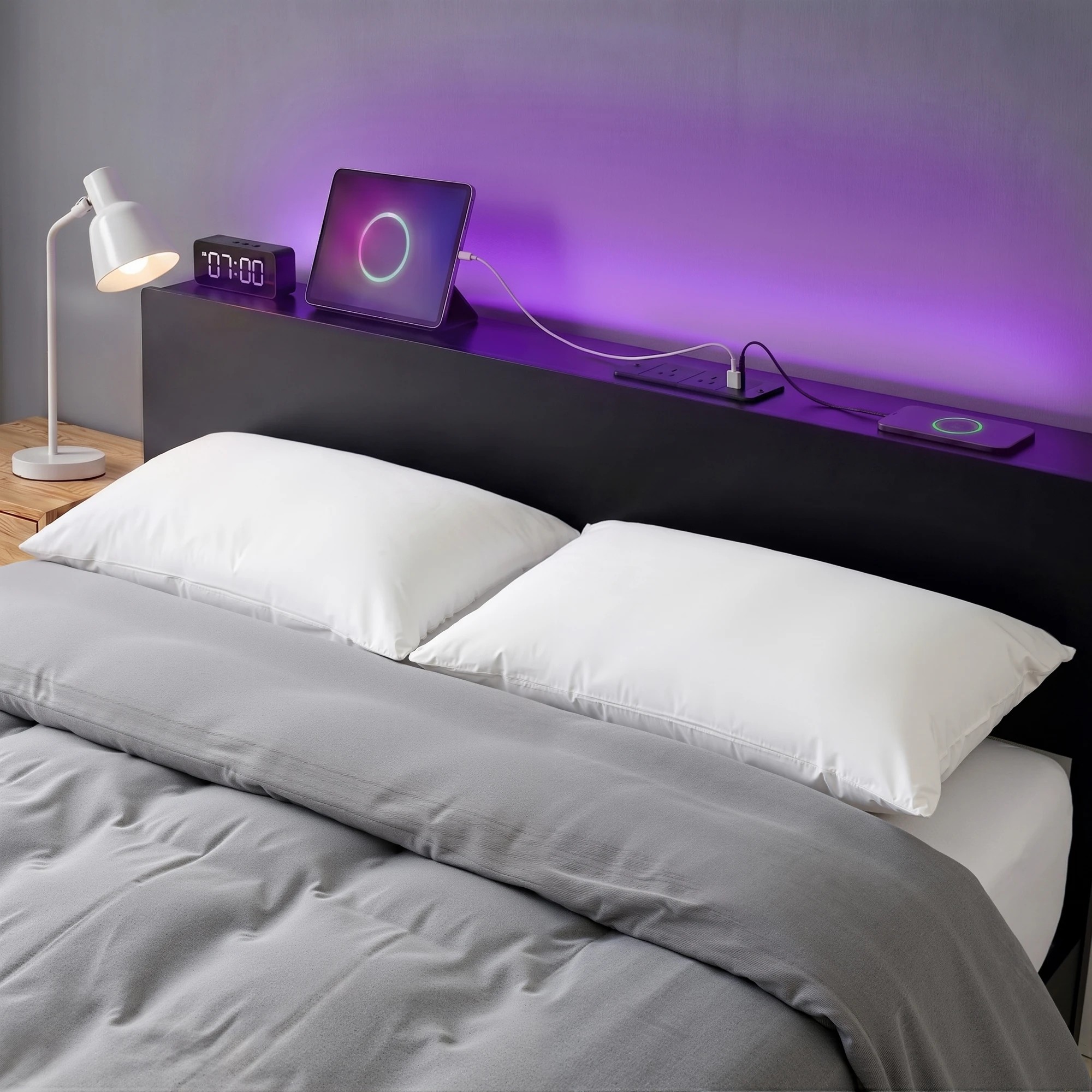 4 Artiss Bed Frame Queen Size LED Metal Bed Base with Charging Station LAN - Black, 4 of 8