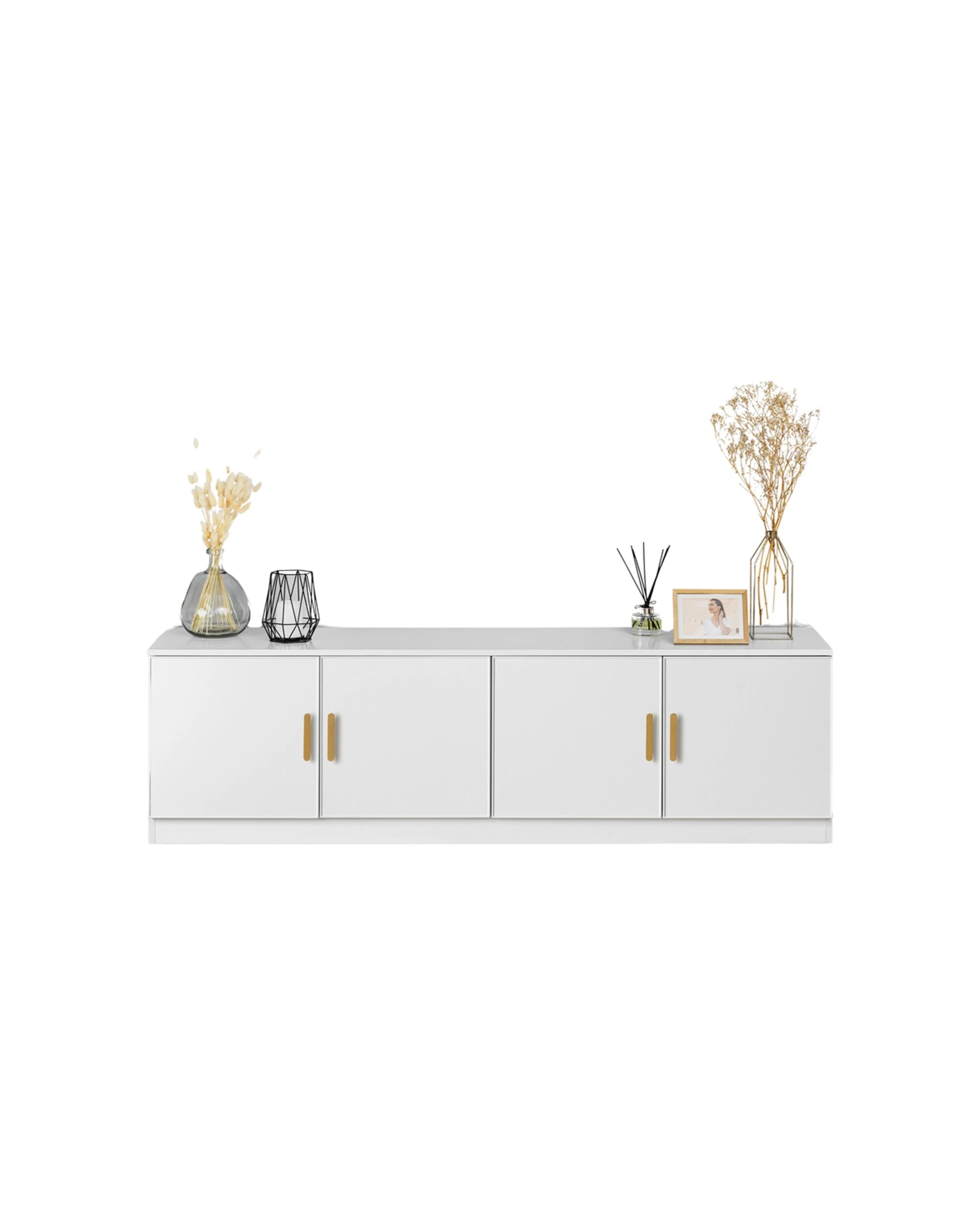 2 European Cabinetry Bucharest Slim Panel TV Unit Brass Oval Handle - White, 2 of 4