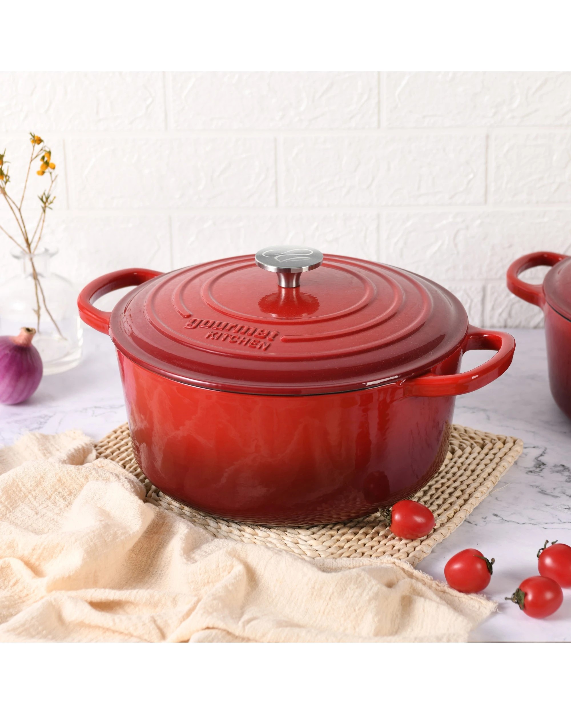2 Gourmet Kitchen Enamelled Cast Iron Casserole 28cm - Black Cherry Red, 2 of 9
