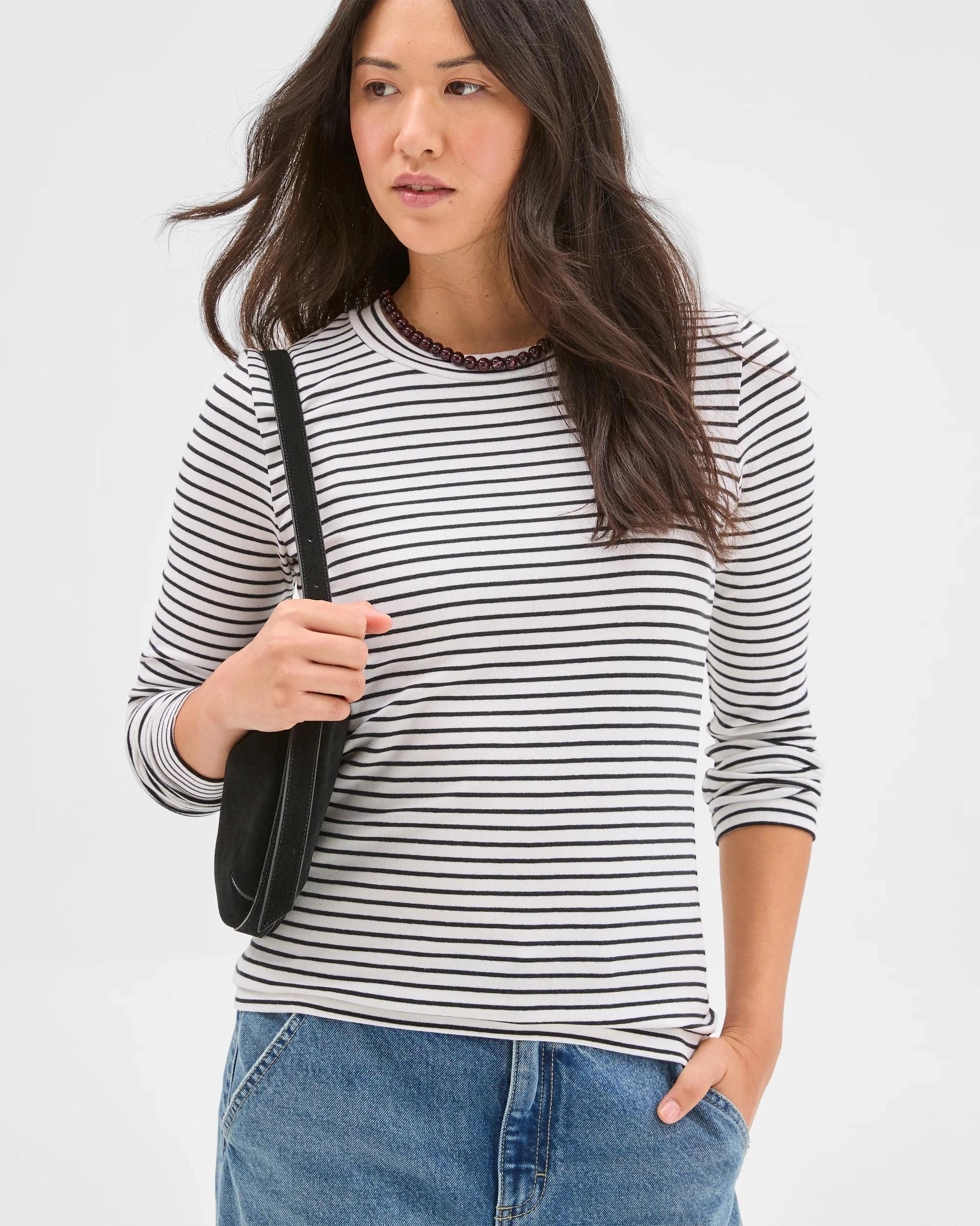 5 Target Woman Soft Touch Long Sleeve Striped T-Shirt CLOUD DANCER/BLACK, 5 of 8