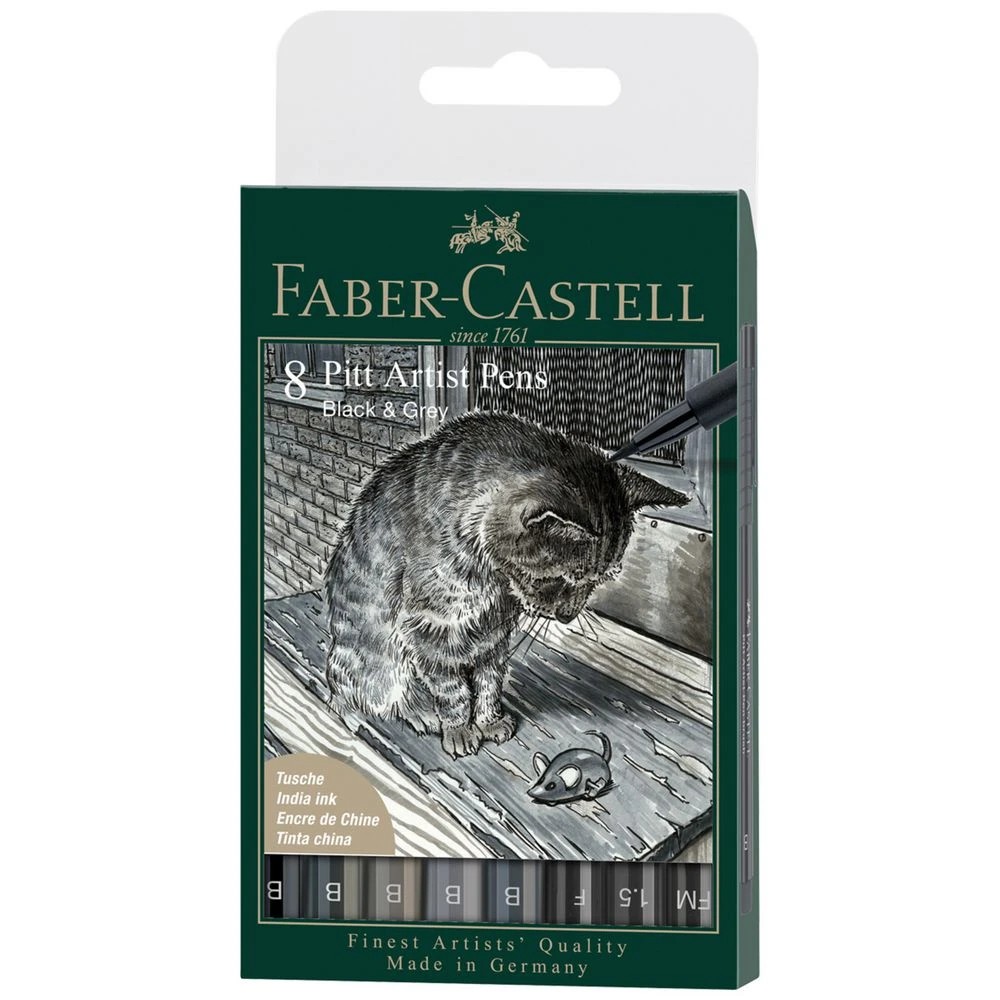 1 Faber-Castell Pitt Artist Pens 8 Pack Grey and Black, 1 of 2
