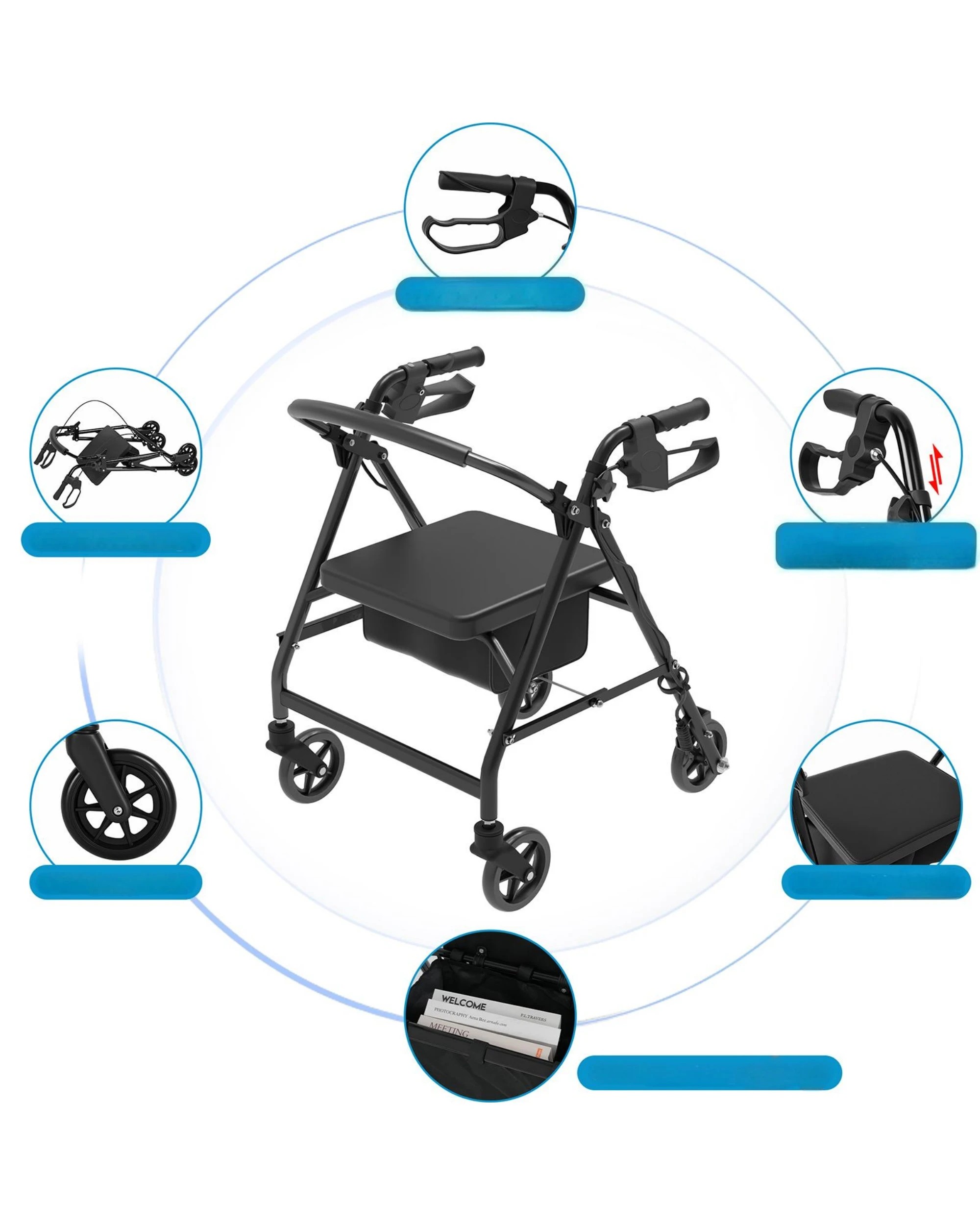 4 Advwin Lightweight Rollator Walker 4-Wheel Folding Mobility Aid -Black, 4 of 8