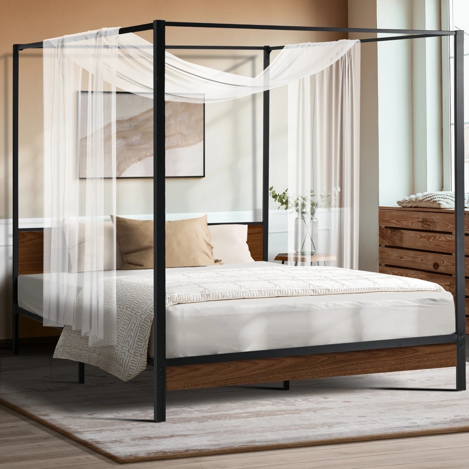 2 Oikiture Metal Canopy Bed Frame Queen Size Beds Platform
 - Black, 2 of 9