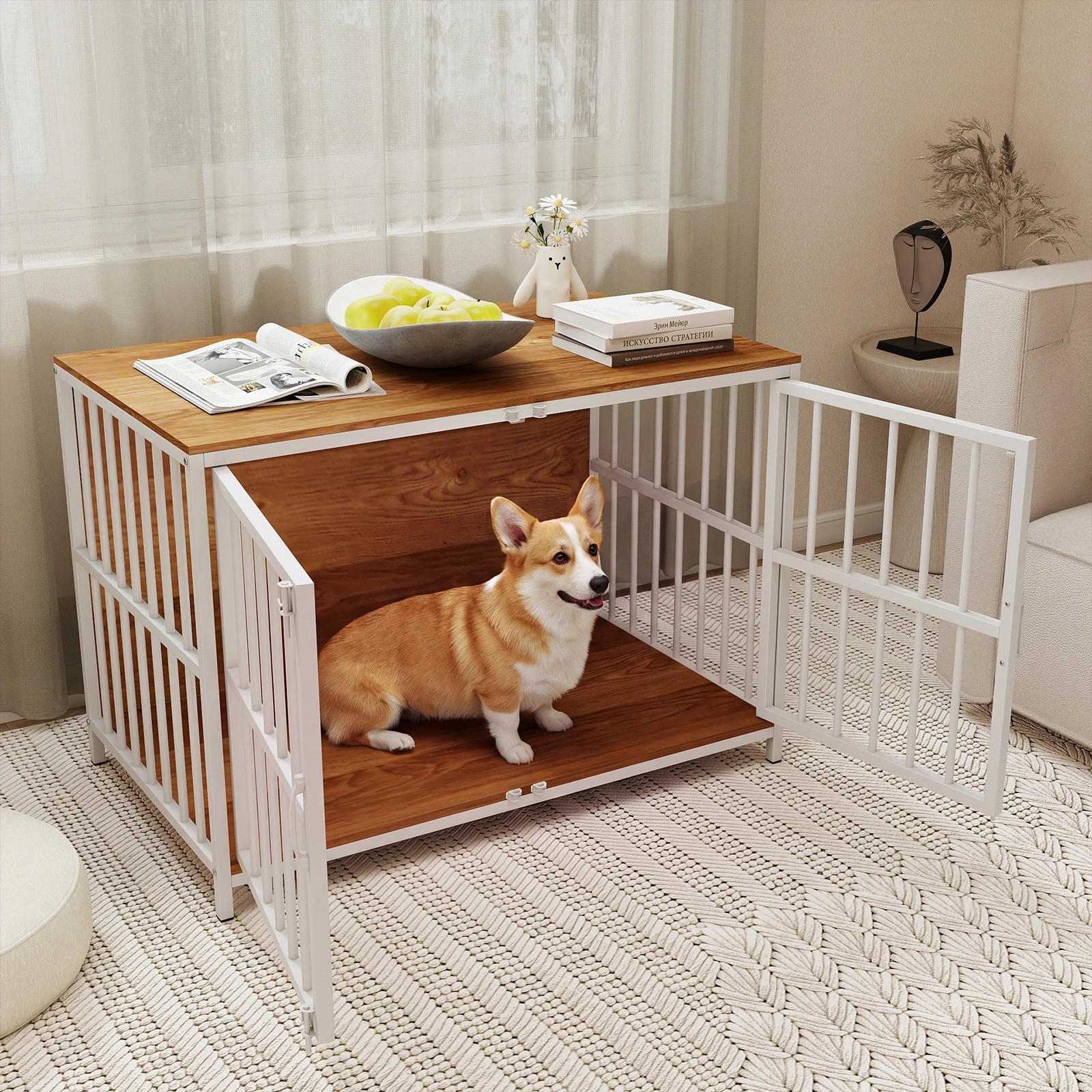 3 Costway Metal Dog Crate Furniture 100cm Pet Kennel Cage Side Table - Natural, 3 of 6