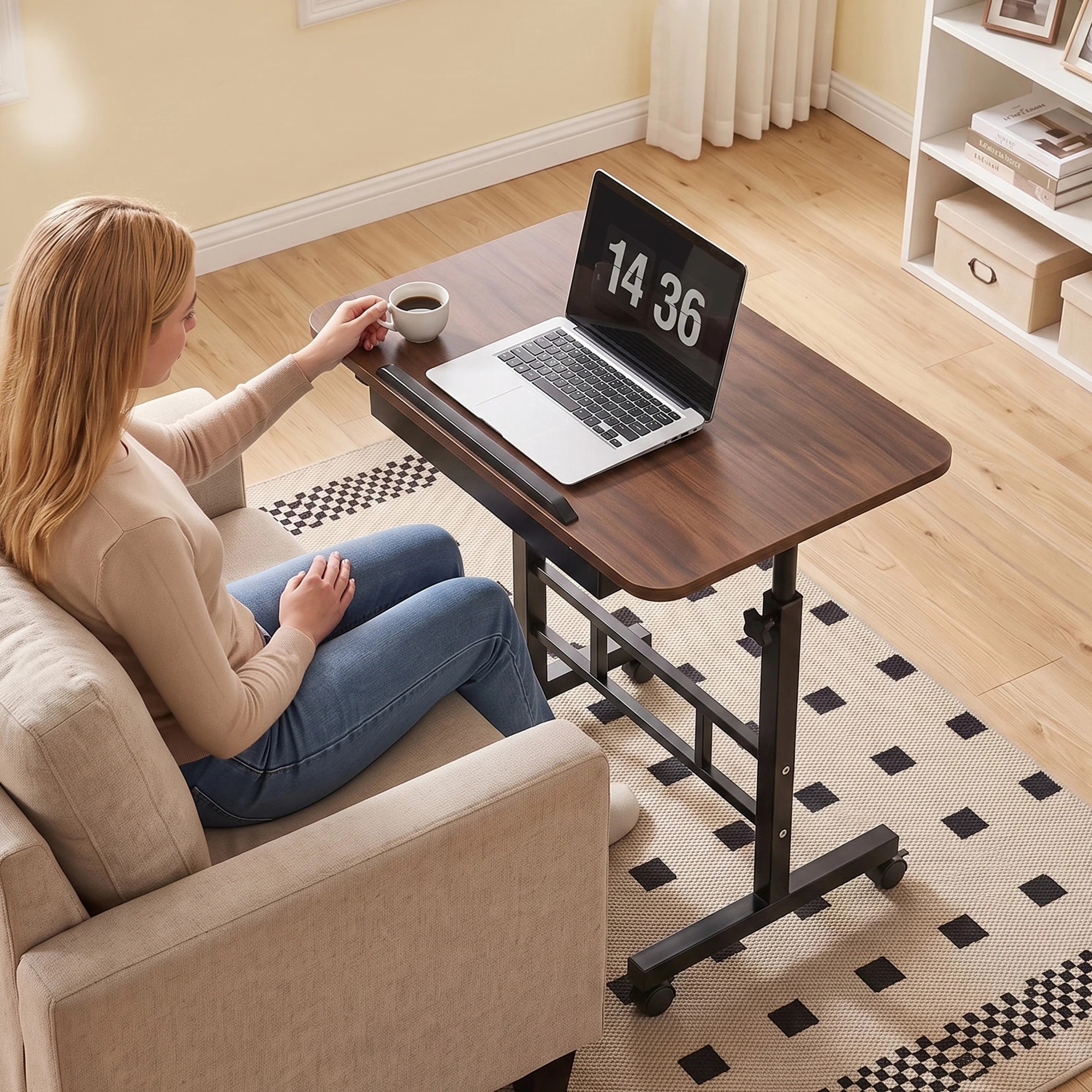 4 Artiss Adjustable Laptop Desk Mobile Bedside Table Hidden Storage - Natural, 4 of 10