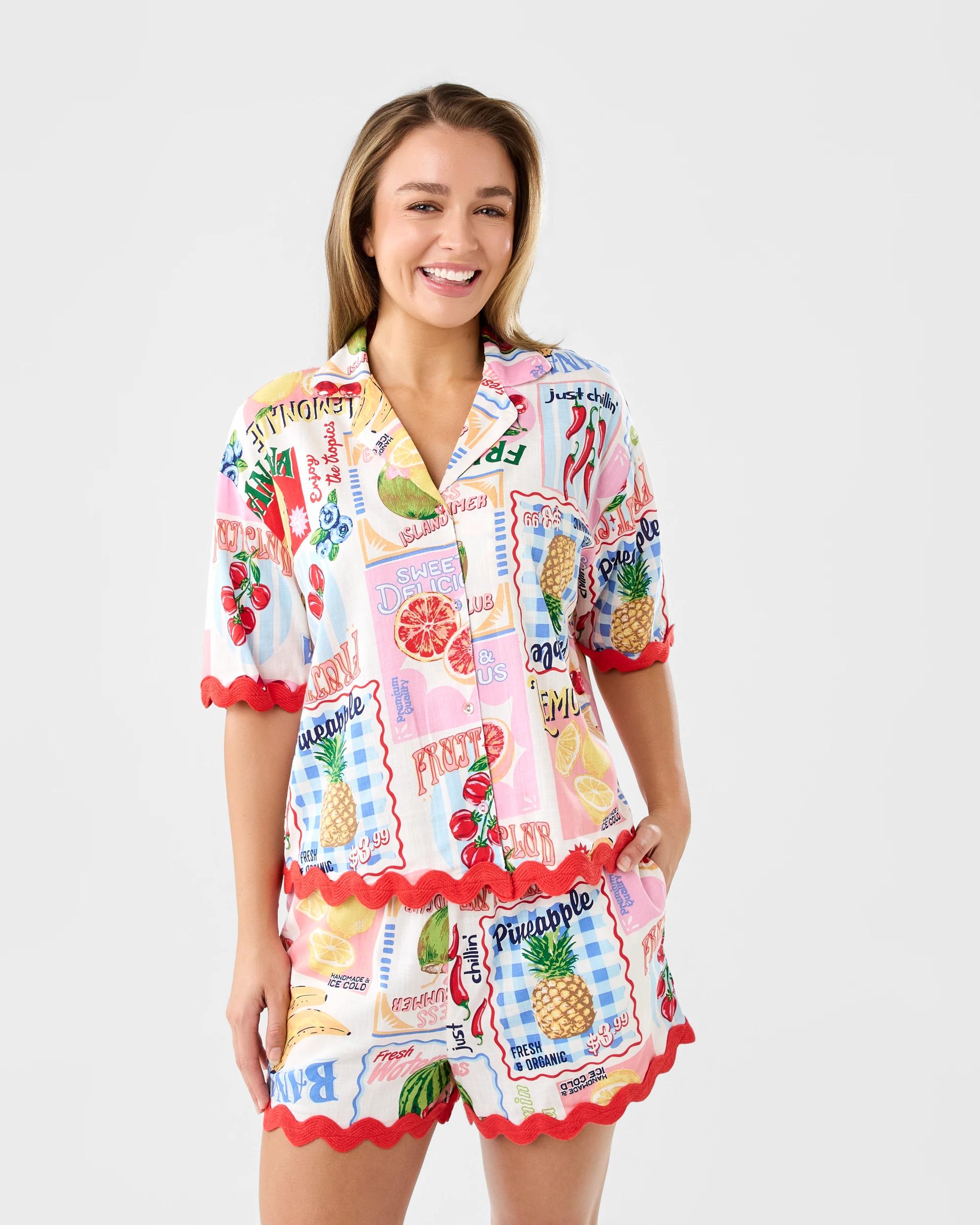 1 Short Sleeve Cotton Rick Rack Pyjama Set Sum Fruit, 1 of 9