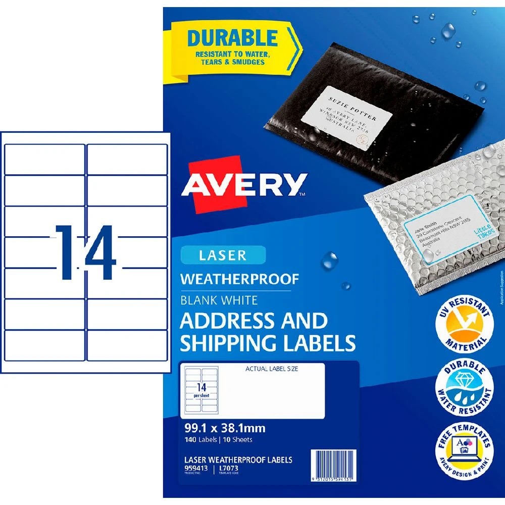 1 Avery 14UP Laser Weatherproof Shipping Labels White 10 Sheets, 1 of 3