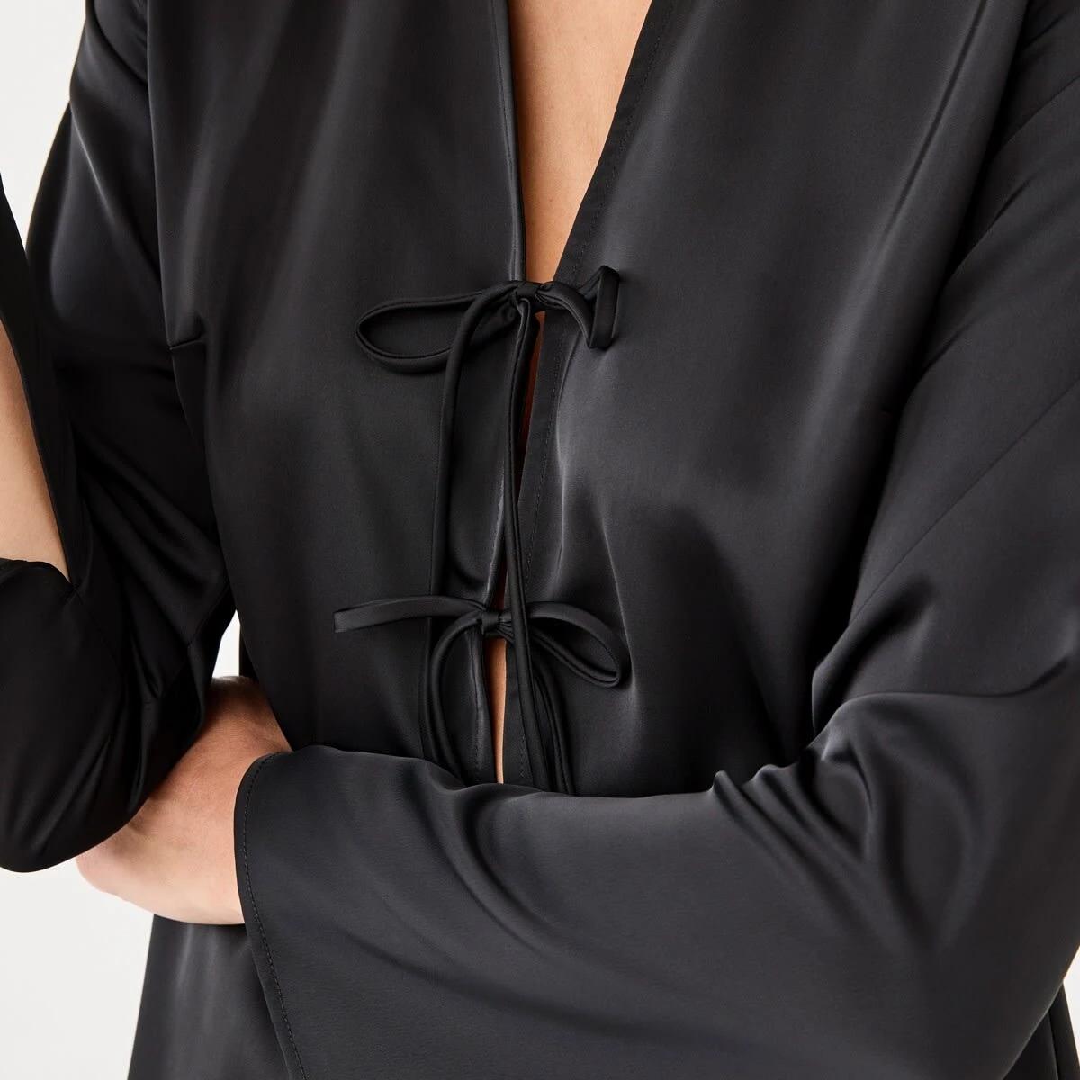 6 Long Sleeve Satin Tie Front Top Black, 6 of 7