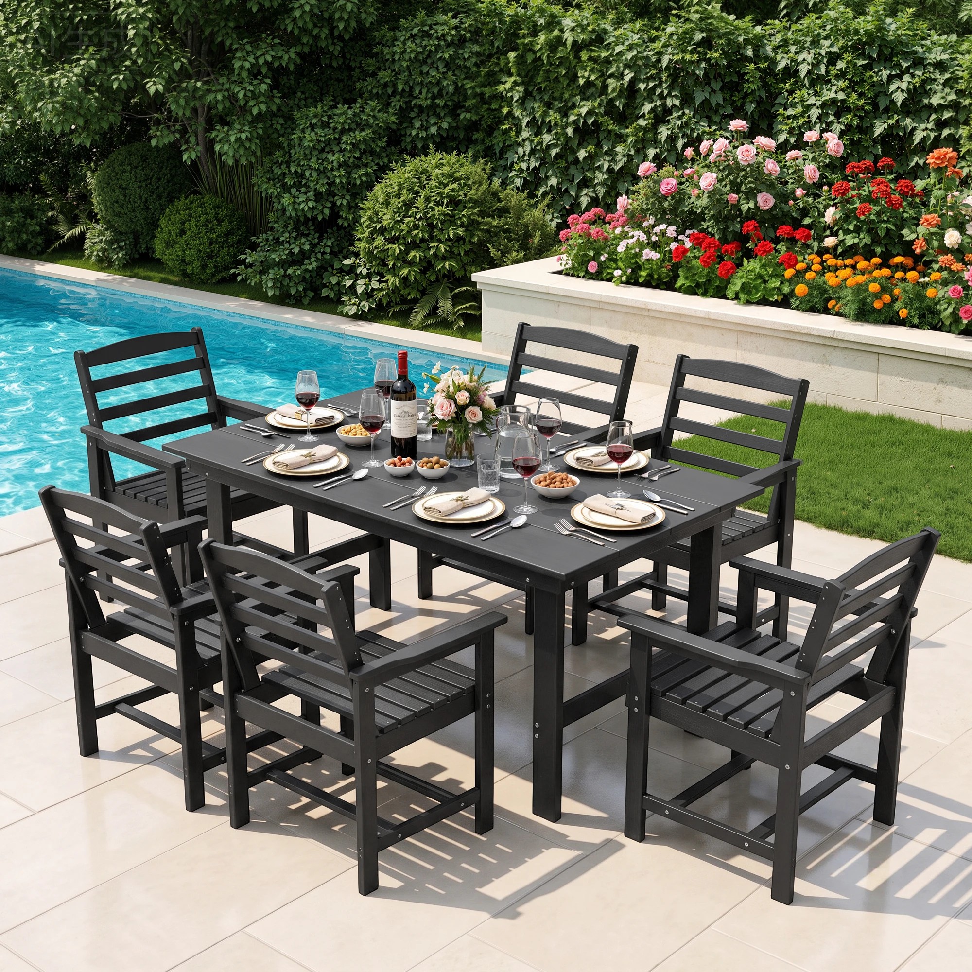 5 Gardeon 7 Piece Outdoor Dining Set Patio HDPE Table and Chairs Garden Furniture - Black, 5 of 10