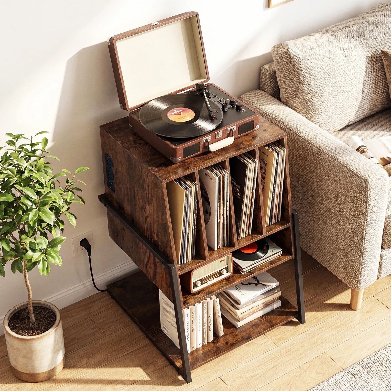 3 Costway Rolling Record Player Stand w/Charging Station Vinyl Storage Holder, 3 of 5