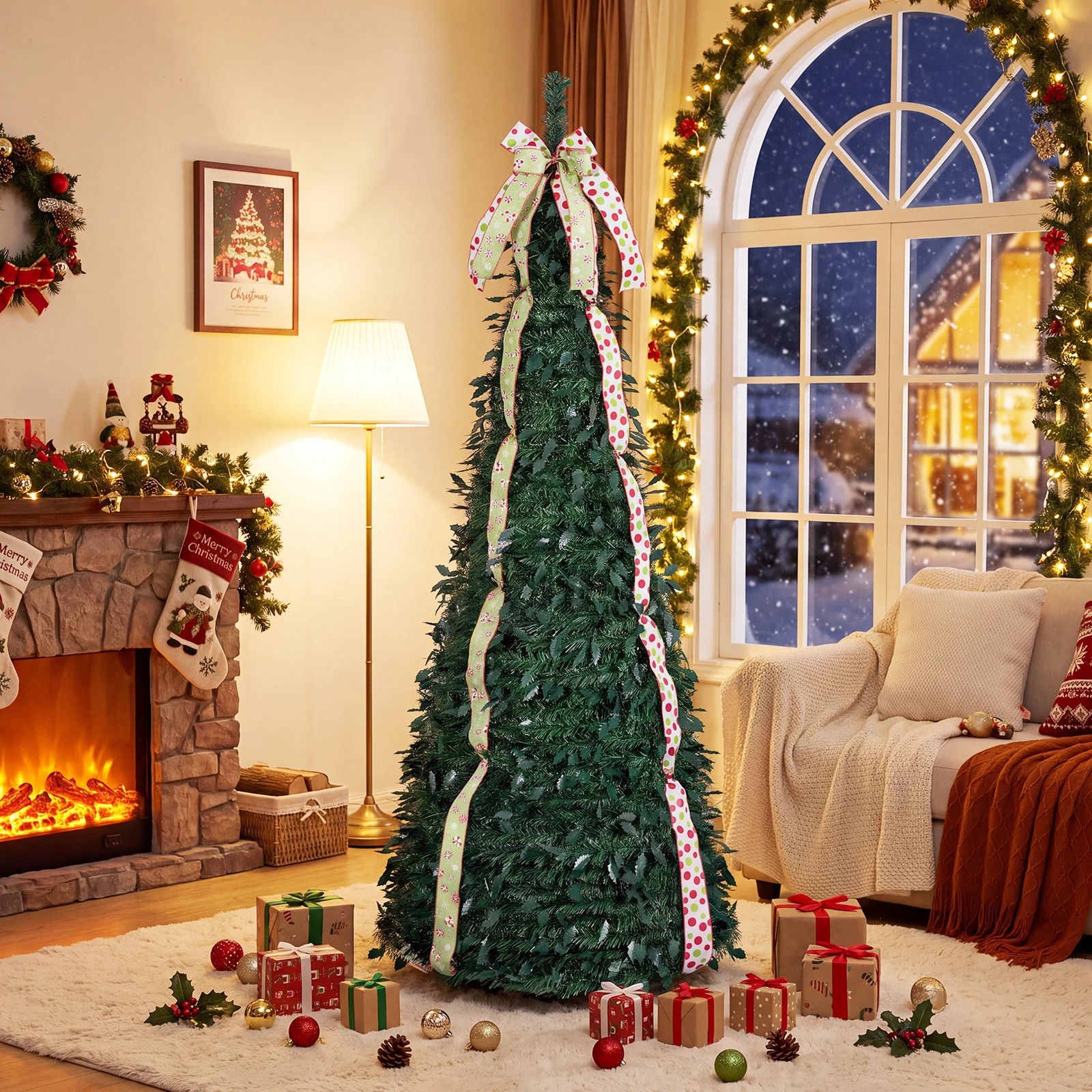 6 Costway 1.8M Pre-Decorated Pop Up Christmas Tree Foldable Holiday Xmas Tree w/Tree Topper Bow, 6 of 8