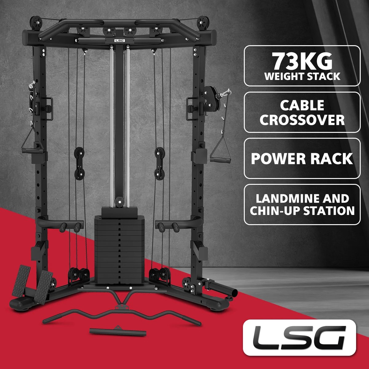 2 LSG GRK-110 Space Saving Multi Function Rack with 73kg Cable Crossover - Black, 2 of 8