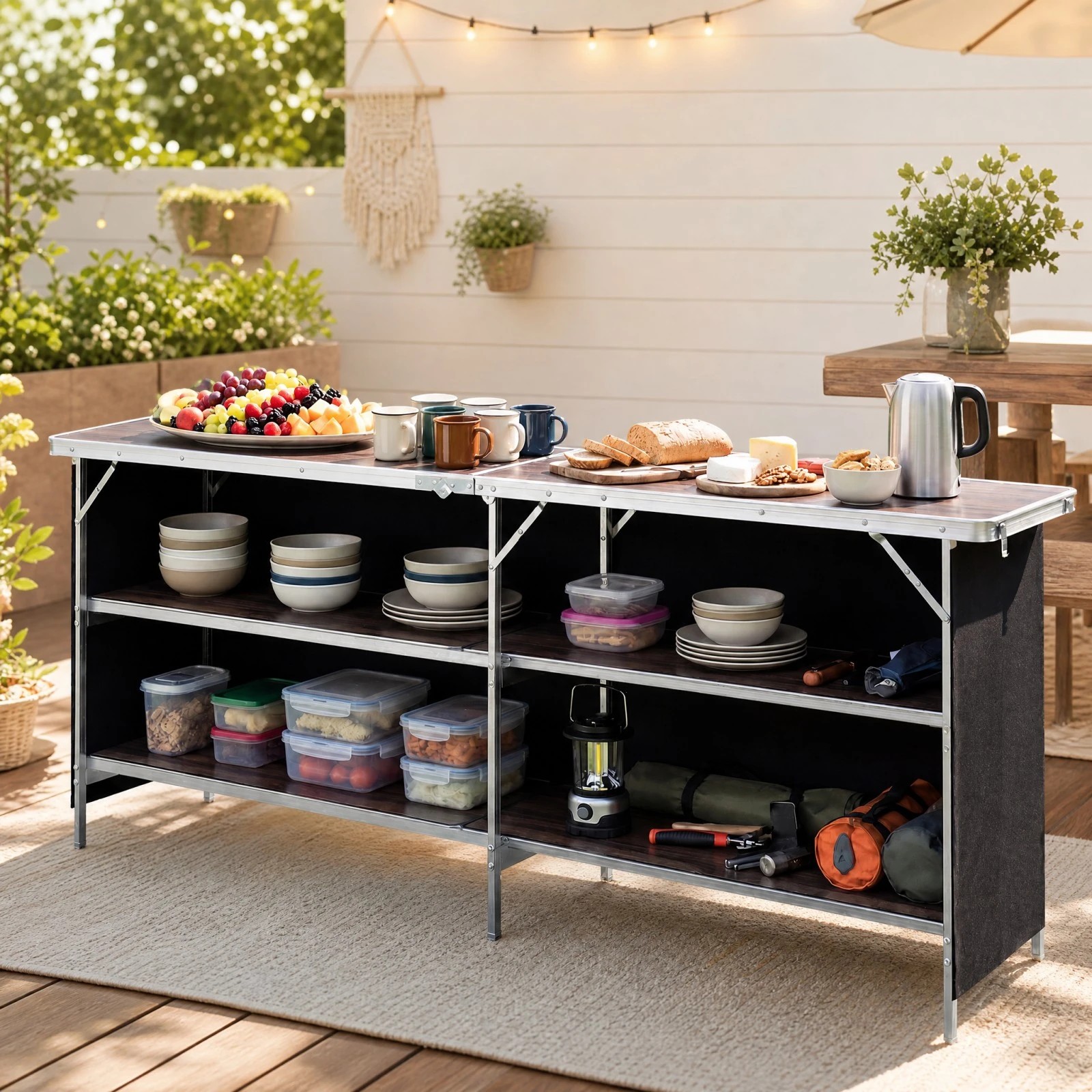 5 Costway 2Tier Folding Camping Table Aluminum Portable Picnic Table Open Shelf w/Bag, 5 of 7