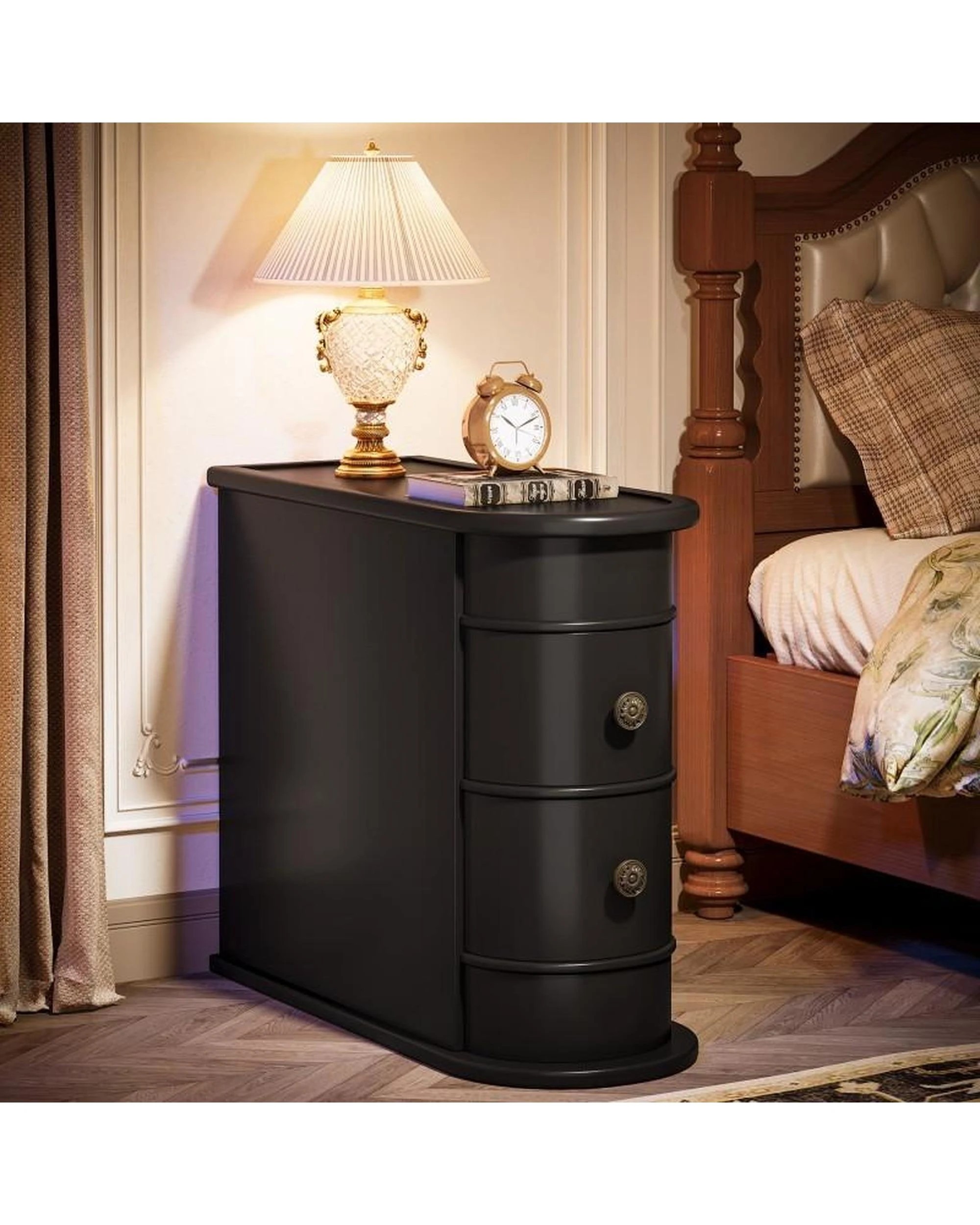 4 OAKORY 60cm End Table with 2 Drawers, Fully Assembled Narrow Side Table Black - Black, 4 of 6