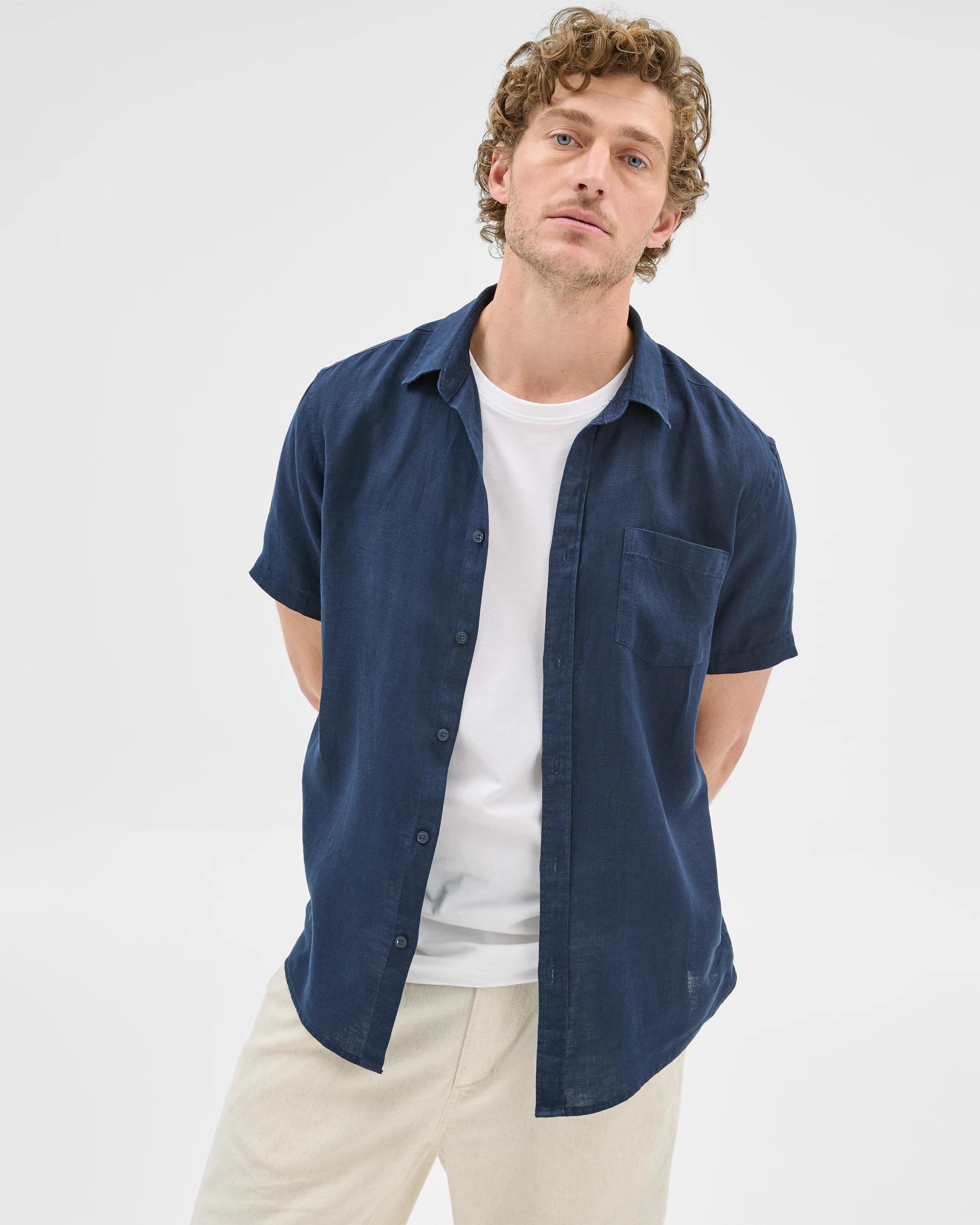 1 Target European Linen Short Sleeve Shirt NAVY, 1 of 6