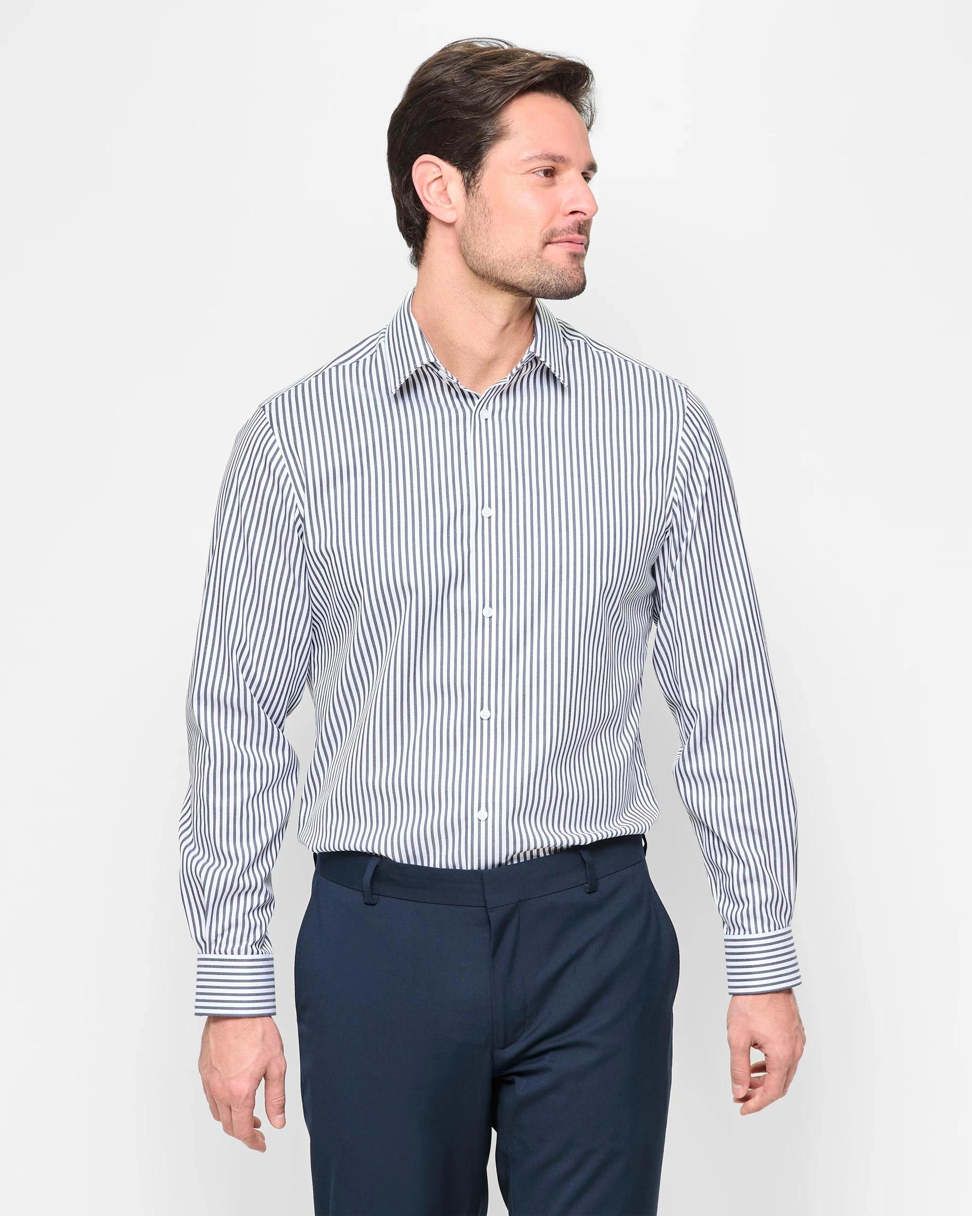 1 Preview Non Iron Long Sleeve Business Shirt NAVY STRIPE, 1 of 7