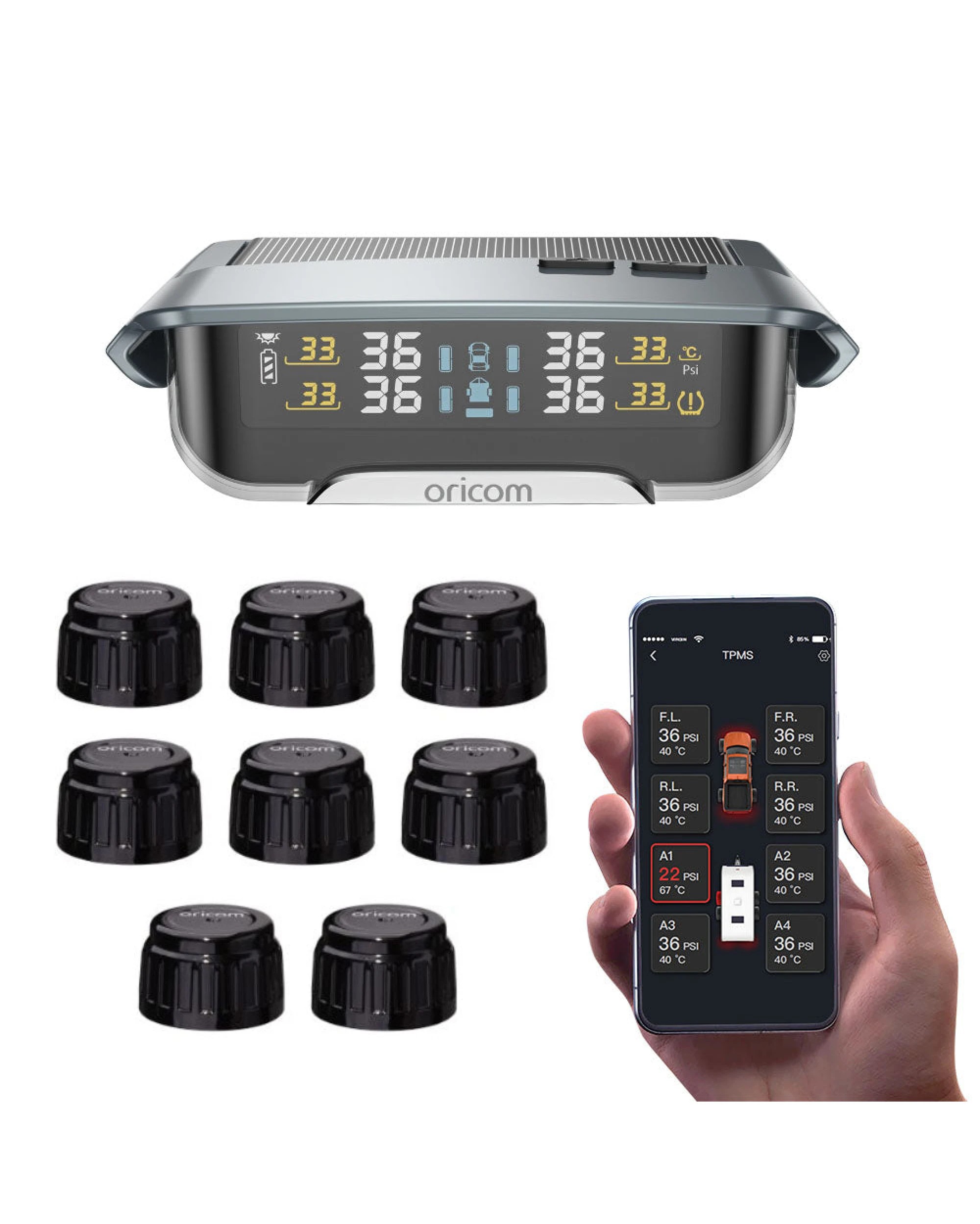 1 Oricom TPMS10-8E Tyre Pressure Monitoring System 8 External Sensors APP Functionality - Black, 1 of 10