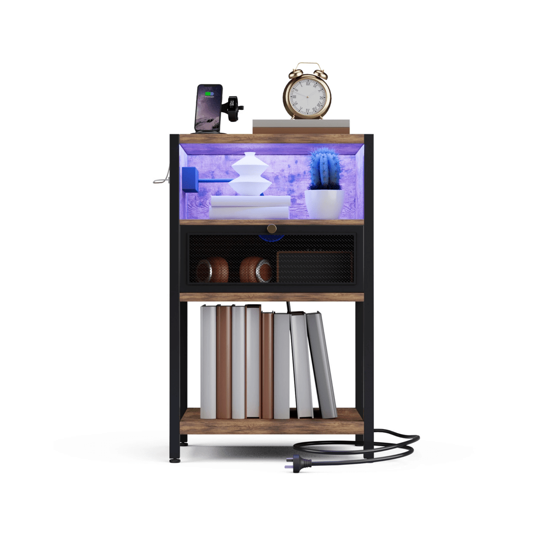 4 Advwin LED Bedside Table with Charging Station Metal Mesh Drawer Nightstand Side Table - Brown, 4 of 9