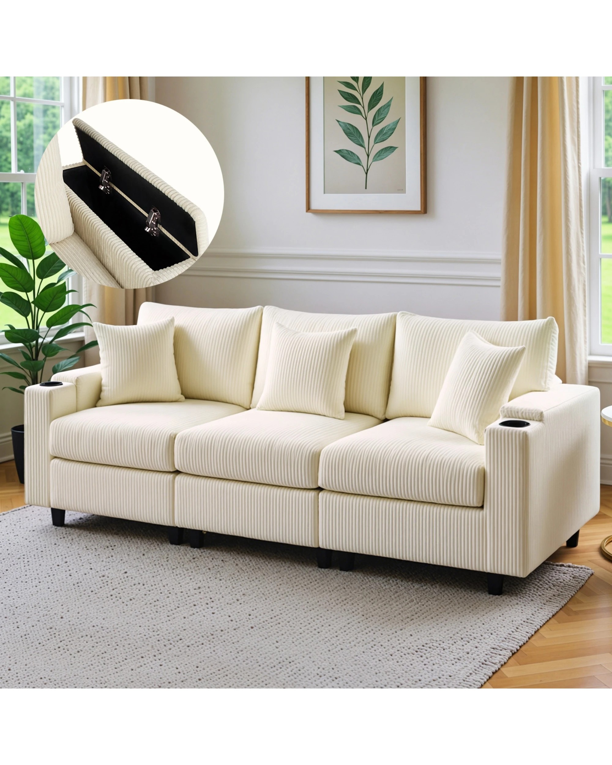 9 Advwin Sofa 256cm Corduroy Modular Couch with Storage Armrests and Cup Holder - Beige, 9 of 10