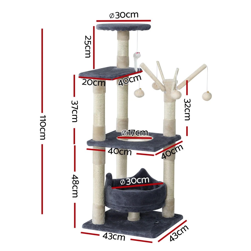 2 i.Pet Cat Tree 110cm Tower Scratching Post Scratcher Wood Condo House Bed Toys - Multi, 2 of 5
