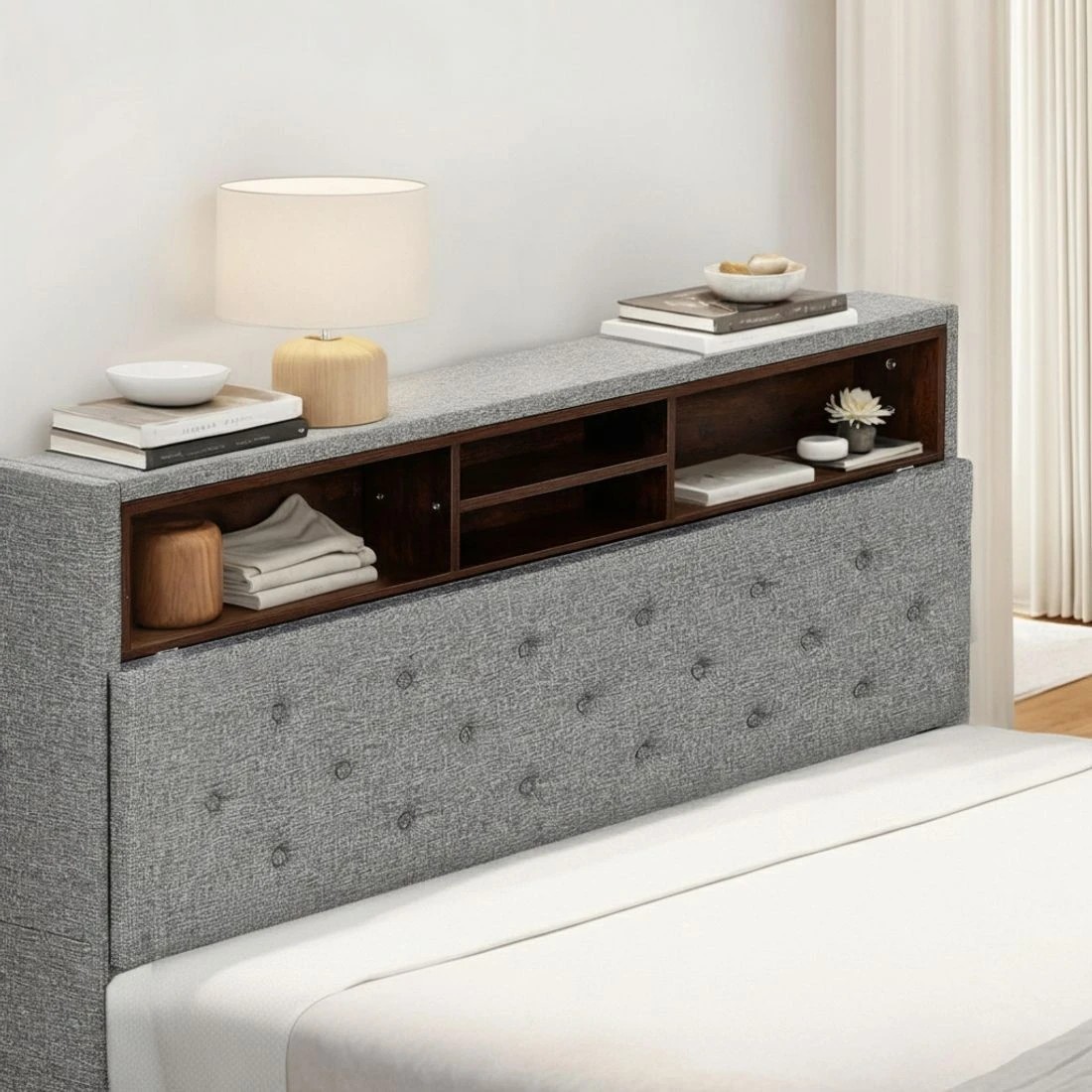 5 Artiss Bed Frame Double Size LED Mattress Base Platform with Storage Shelf Hidden Storage Box - Grey, 5 of 8