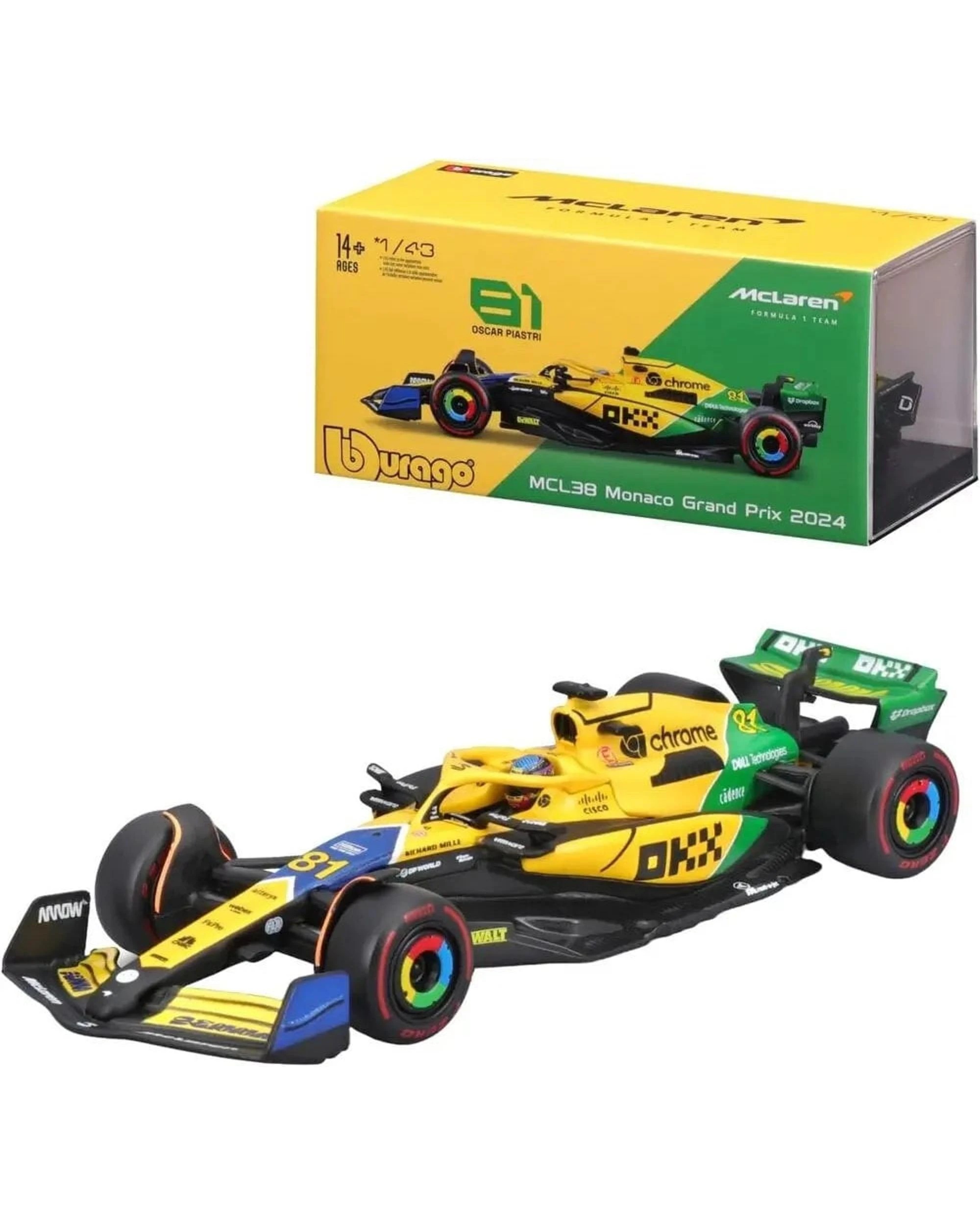 1 F1 McLaren Monaco GP 2024 Oscar Piastri MCL38 Senna Livery #81 With Helmet 1:43 Scale  Vehicle, 1 of 1