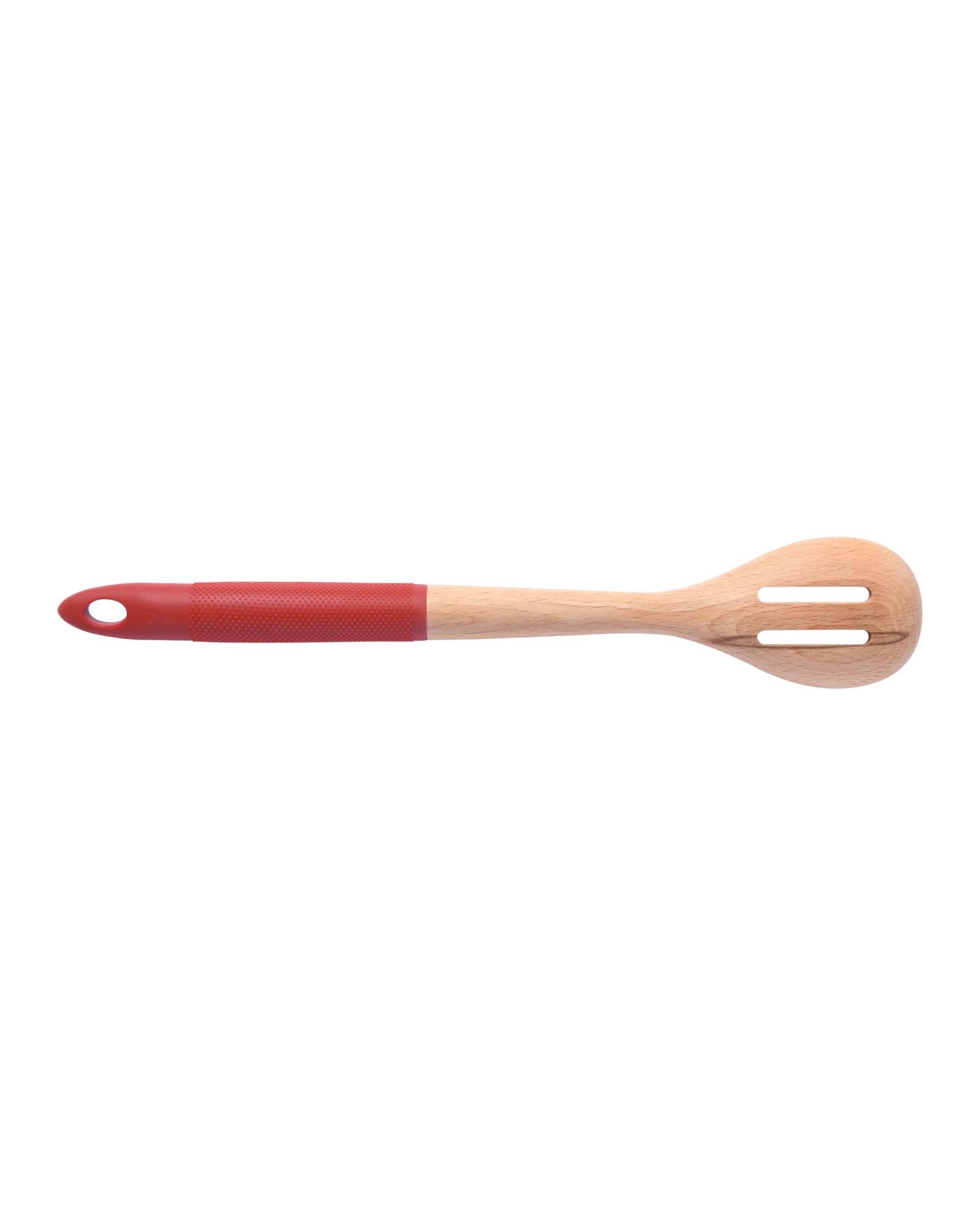 3 Gourmet Kitchen Rustic Beech Wood Slotted Spoon with Silicone Grip - Red, 3 of 8