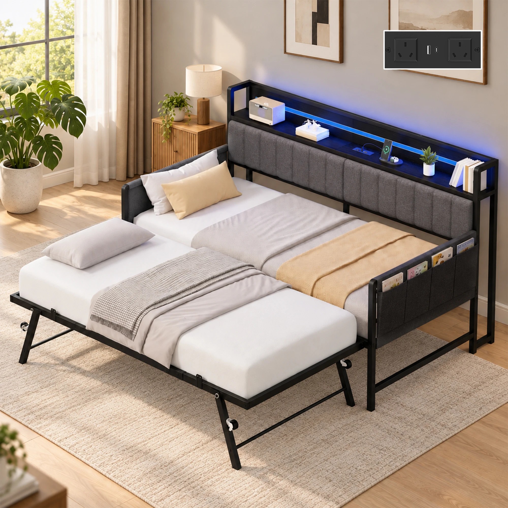 9 Advwin Single Size Metal Bed Frame Daybed w/ Trundle & Power Outlets - Black, 9 of 9