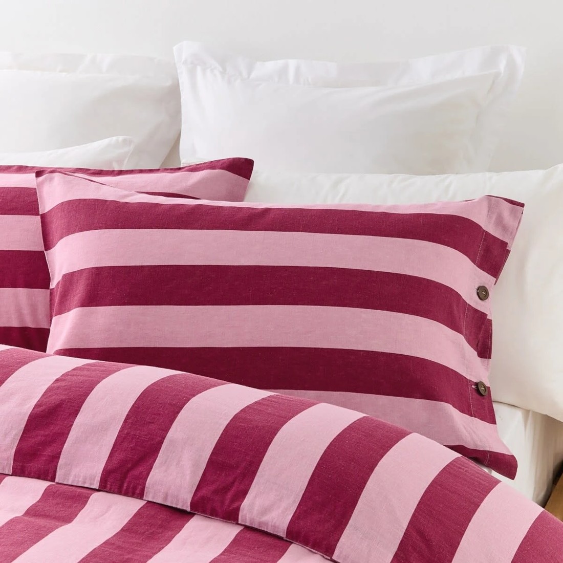 2 Stripe Linen Cotton Quilt Cover Set - King Bed, Berry, 2 of 7