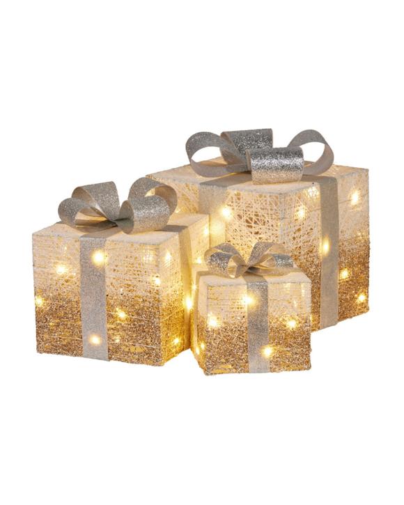 Christabelle 3 Piece Christmas Present Display Set with Lights - Champagne Finish