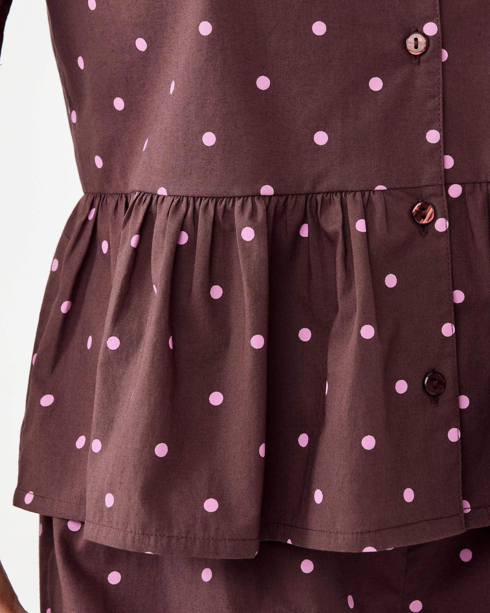 6 Short Sleeve Top and Shorts Cotton Peplum Pyjama Set Dots Choc, 6 of 8