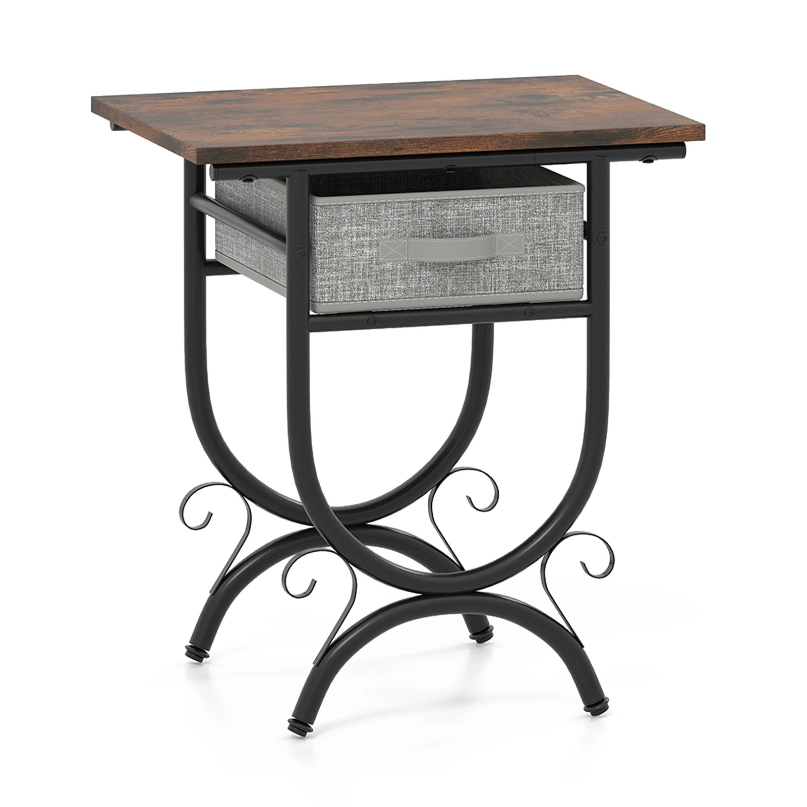1 Costway Couch Side Table w/Fabric Drawer & Carved Metal Frame Compact Bedside End Table, 1 of 4