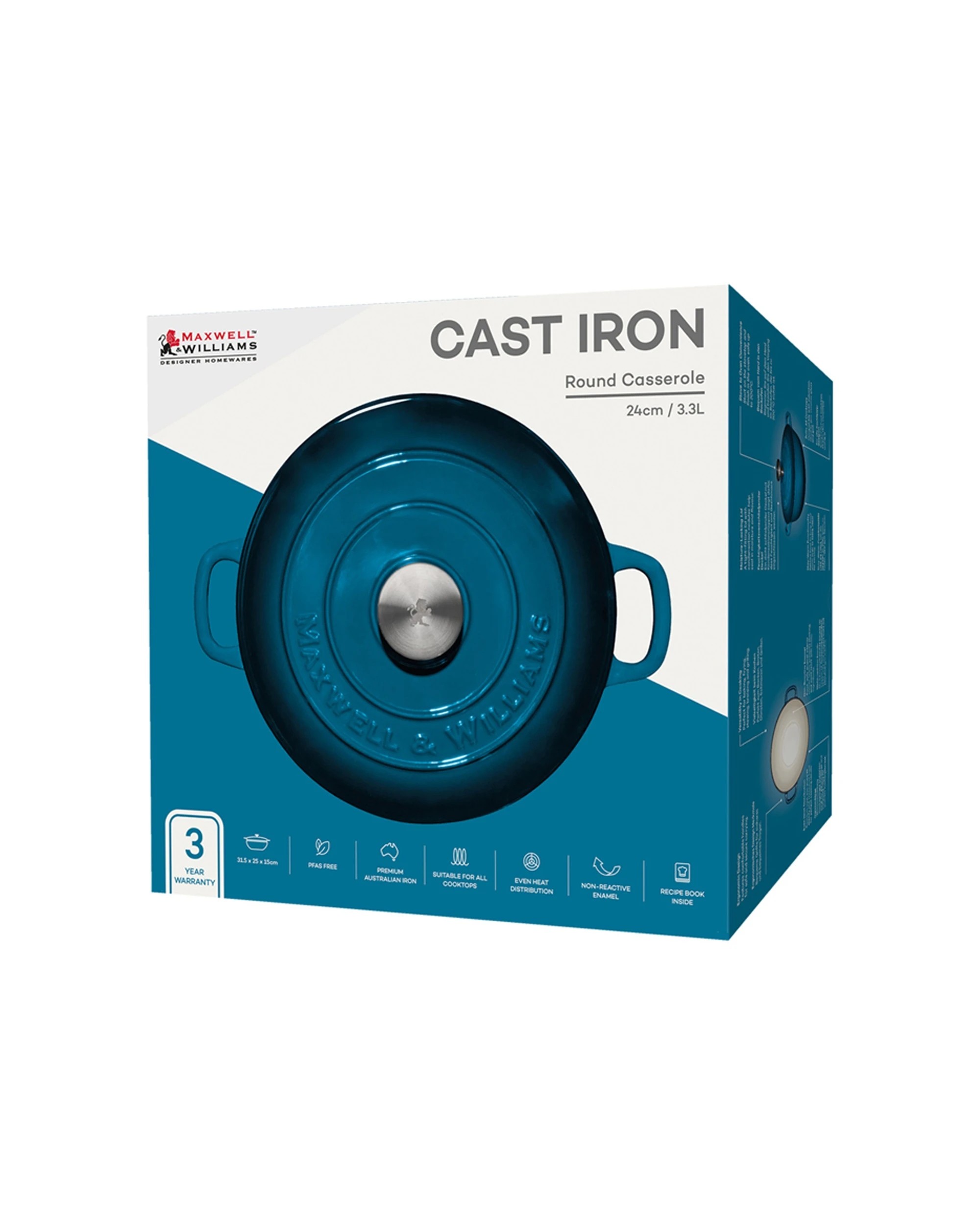 4 Maxwell & Williams Cast Iron Round Casserole 24cm 3.3l Dutch Oven Cookware
 - Blue, 4 of 4