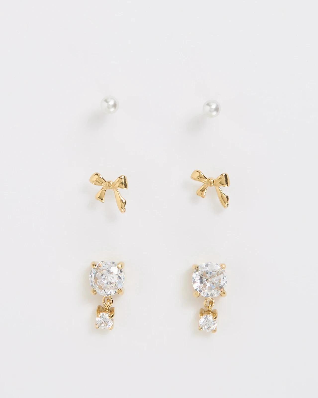 1 Target Woman 3 Pack Waterproof Bow Stud Earrings Set GOLD, 1 of 1