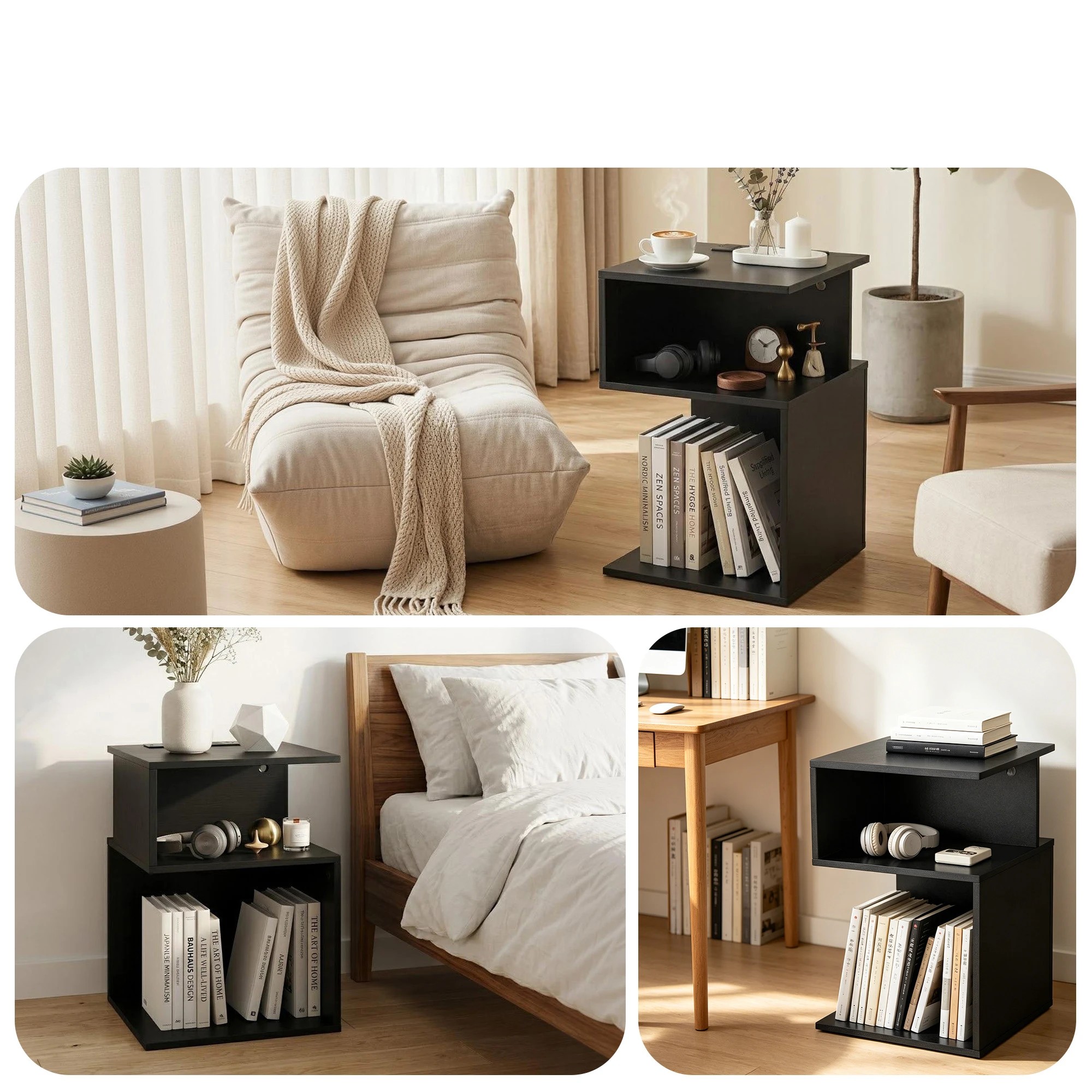 6 Artiss Bedside Table 2 Shelves S-Shaped Charging Station - Black, 6 of 7