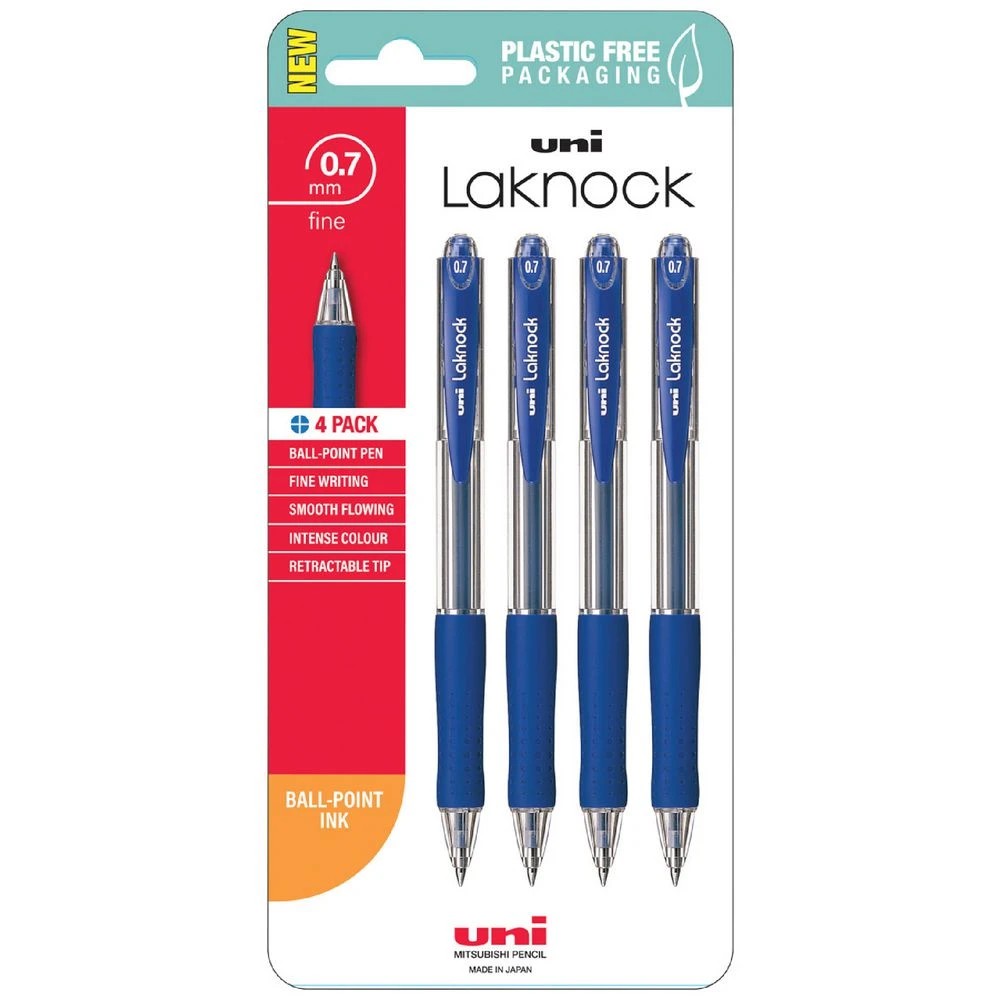 1 Uni Laknock Retractable Ballpoint Pens 0.7mm Blue 4 Pack, 1 of 2