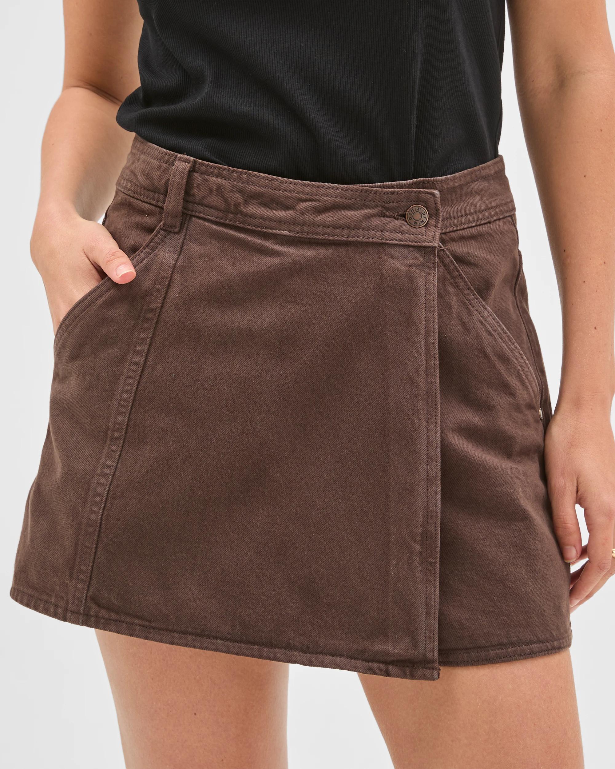 1 Target Denim Cotton Rich Wrap Front Denim Skort COFFEE BEAN, 1 of 6