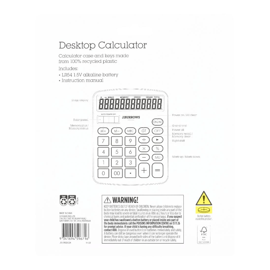 4 J.Burrows Recycled Desktop 12 Digit Calculator Silver, 4 of 4